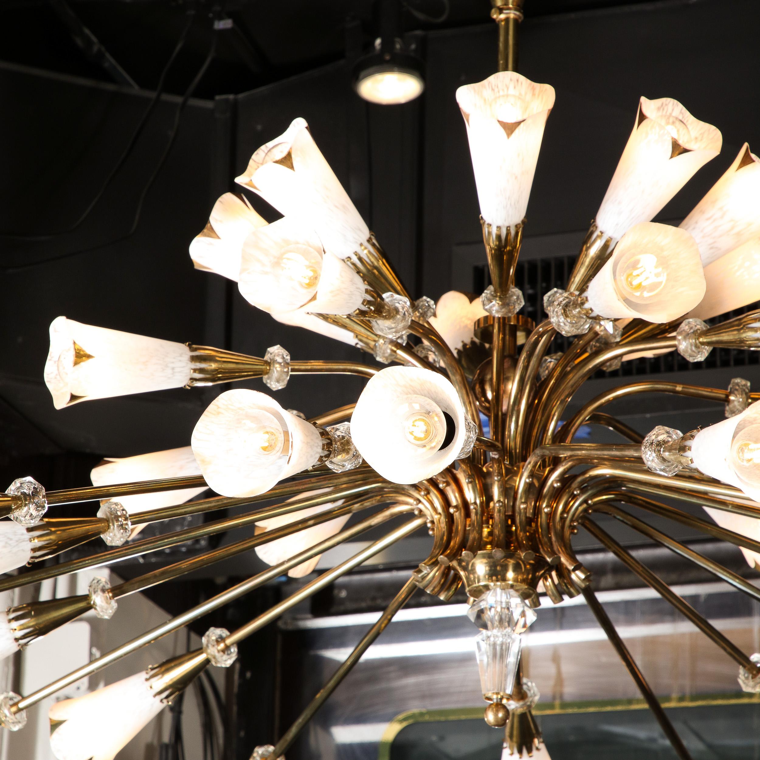 French Mid-Century Modern Three-Tier Stylized Sheathed Lily Chandelier in Brass 
