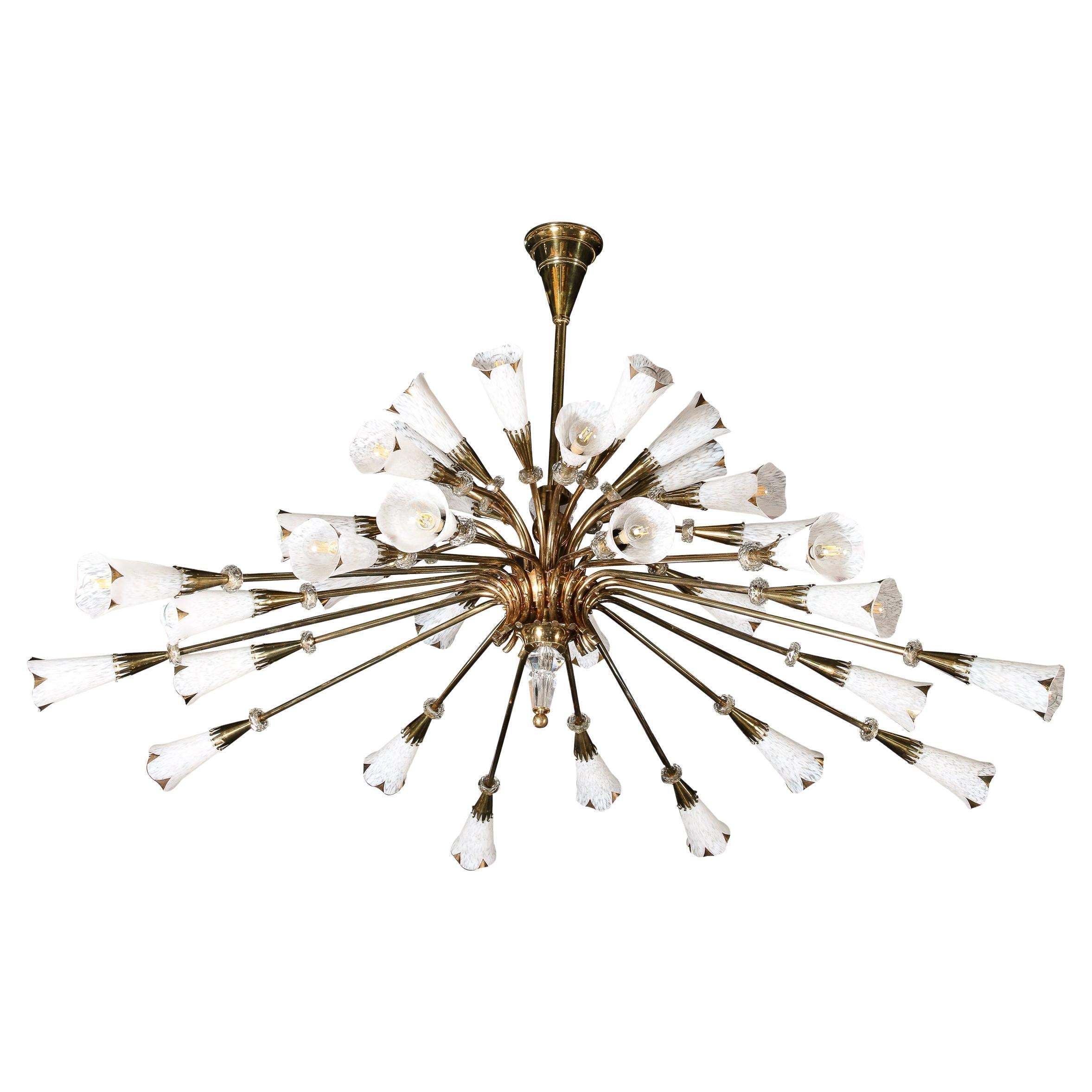 Mid-Century Modern Three-Tier Stylized Sheathed Lily Chandelier in Brass 