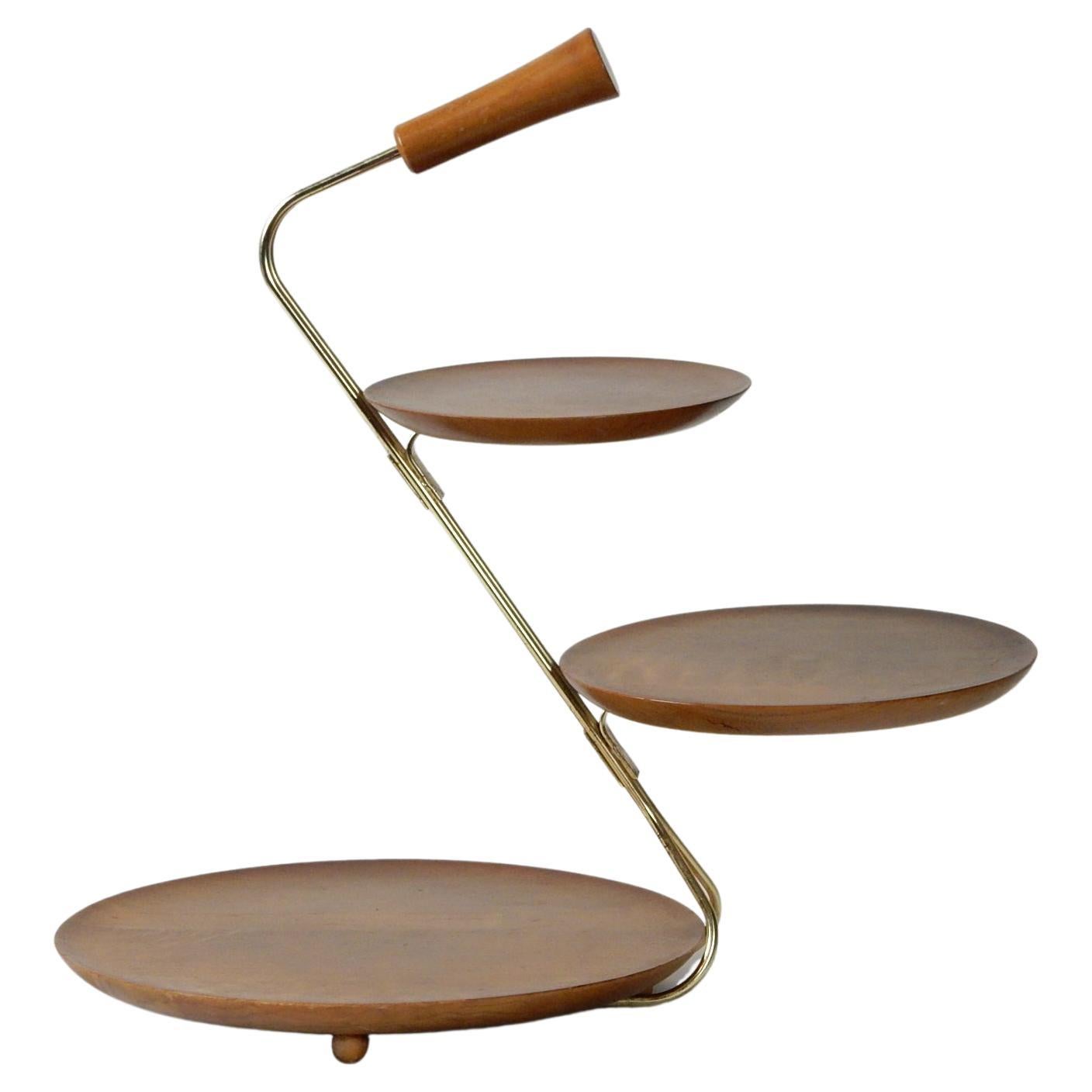 Brass Mid-Century Modern Tiered Pastry Server Centerpiece Tray For Sale