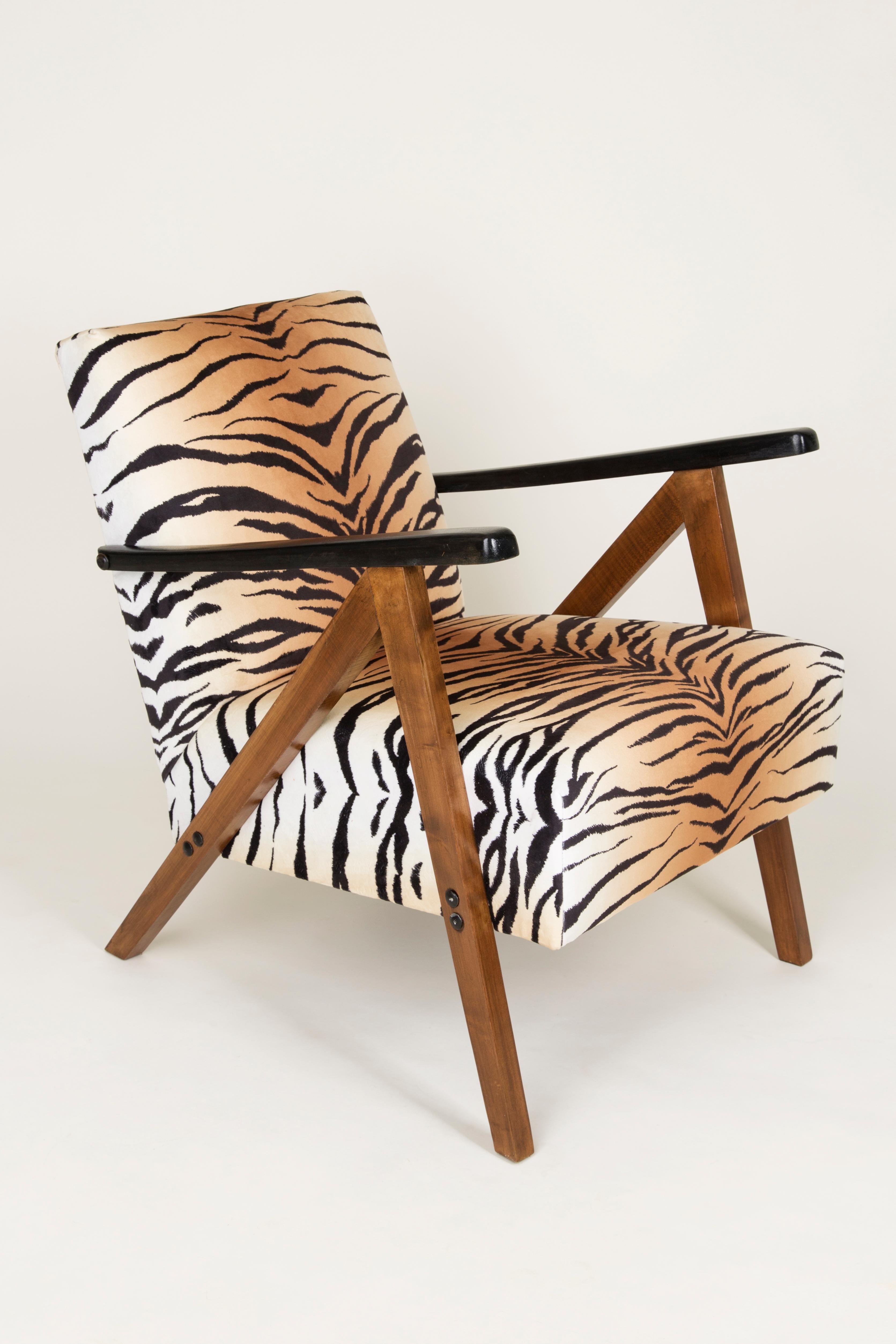 Polish Mid-Century Modern Tiger Print Armchair and Stool, 1960s, Germany For Sale