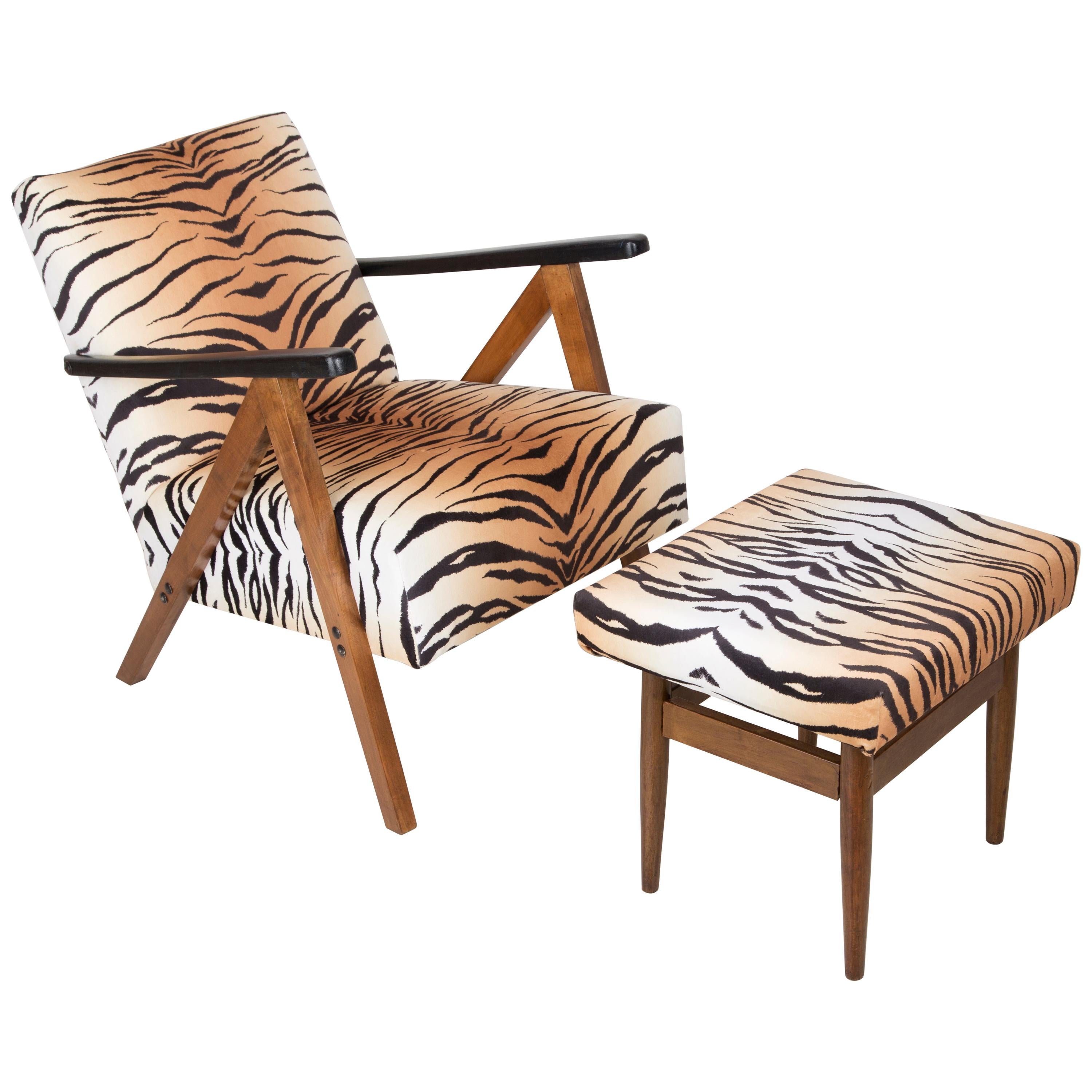 Mid-Century Modern Tiger Print Armchair and Stool, 1960s, Germany For Sale