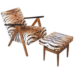 Mid-Century Modern Tiger Print Armchair and Stool, 1960s, Germany