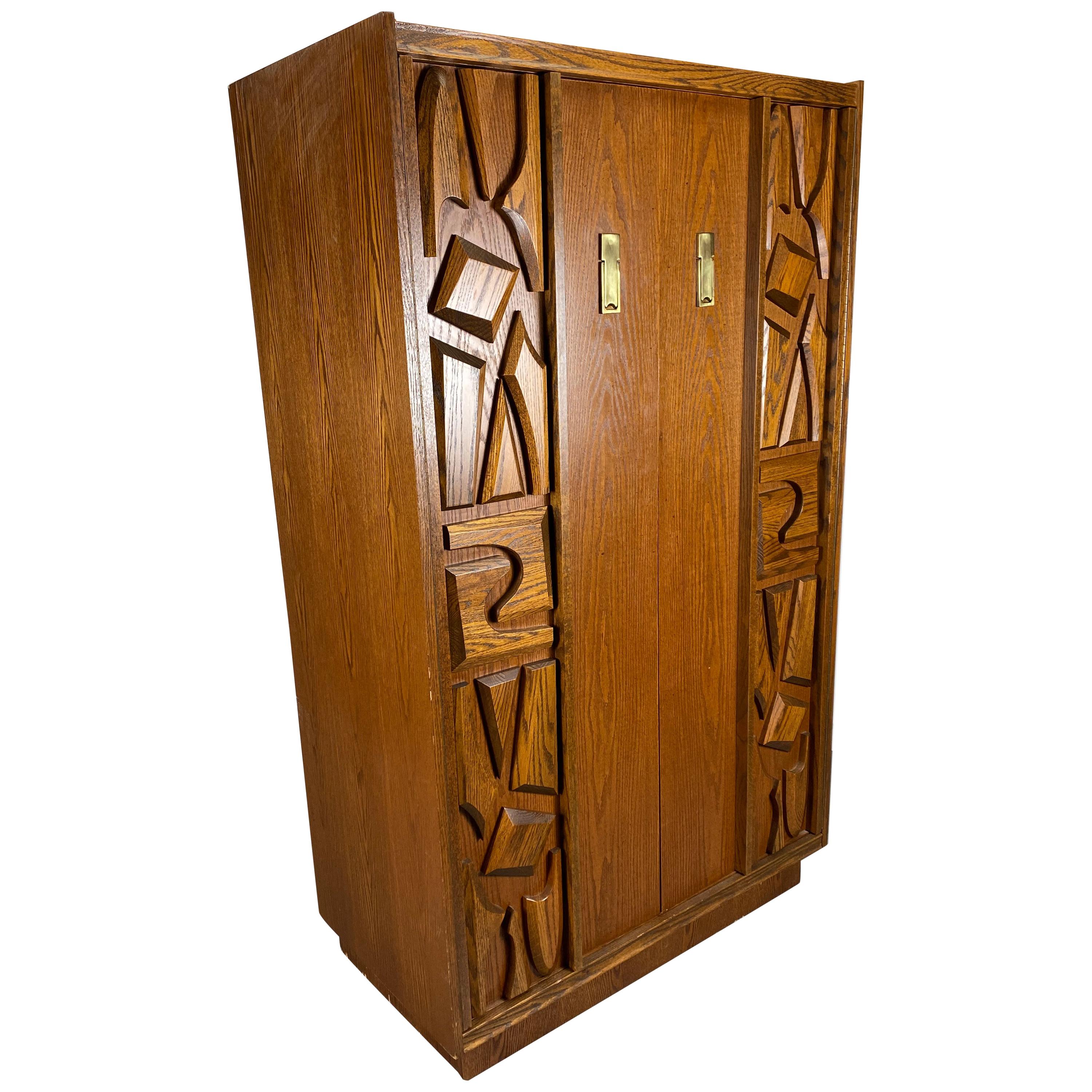Mid-Century Modern Tiki Brutalist Armoire or Cabinet For Sale