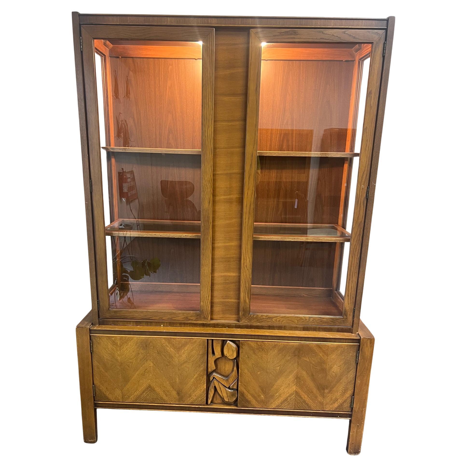 Mid Century Modern Tiki Brutalist Buffet Hutch Display China Cabinet With Lights For Sale