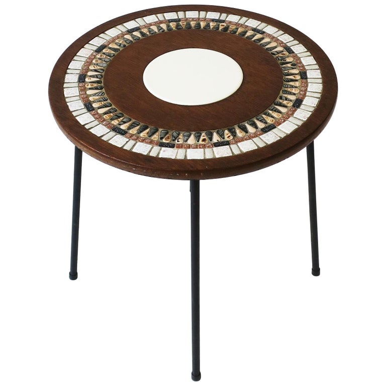 MidCentury Modern Tile Mosaic Top Round Side Table For Sale at 1stDibs