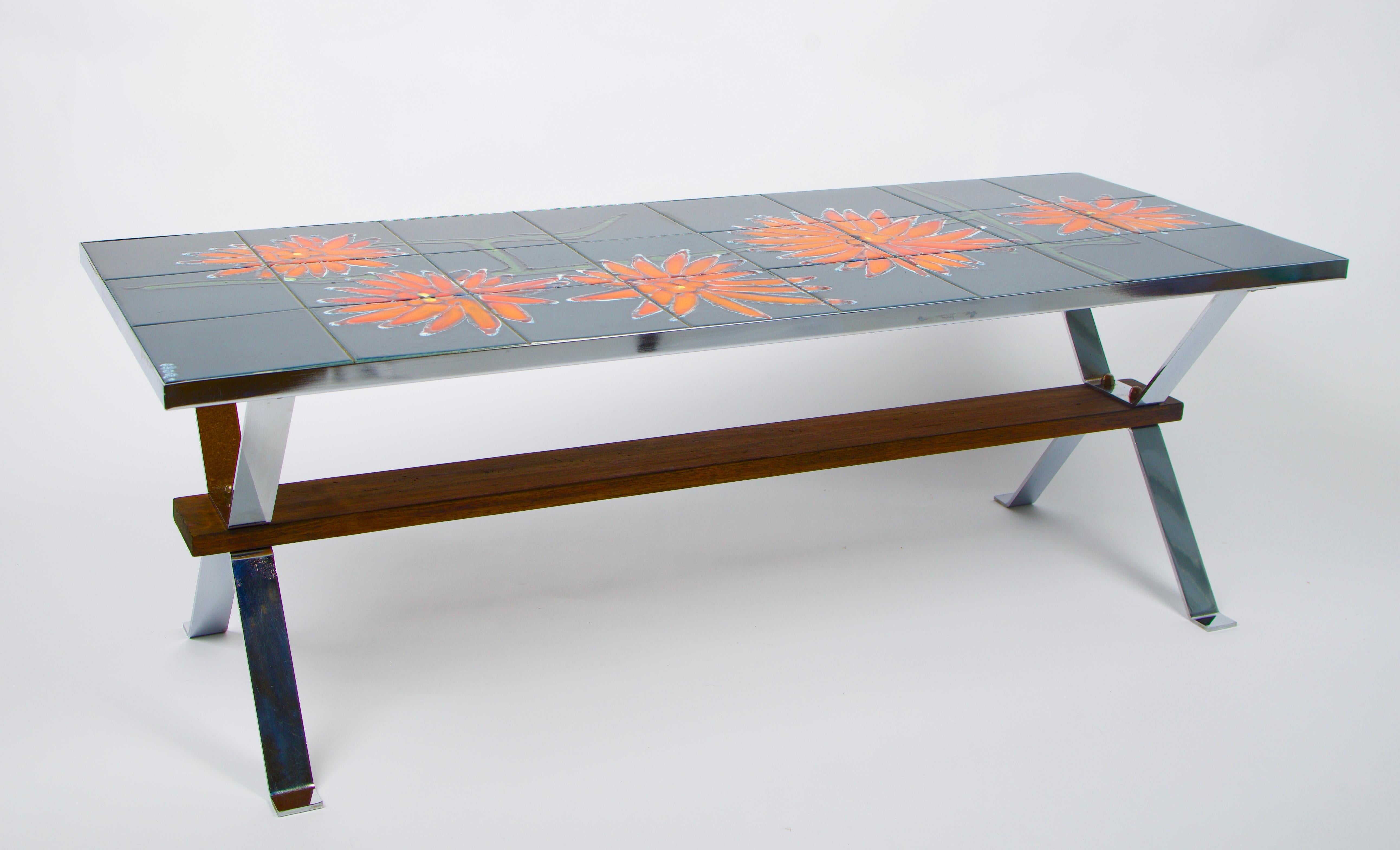 Hand-Painted Mid-Century Modern Tile Top Coffee Table with Chrome Legs