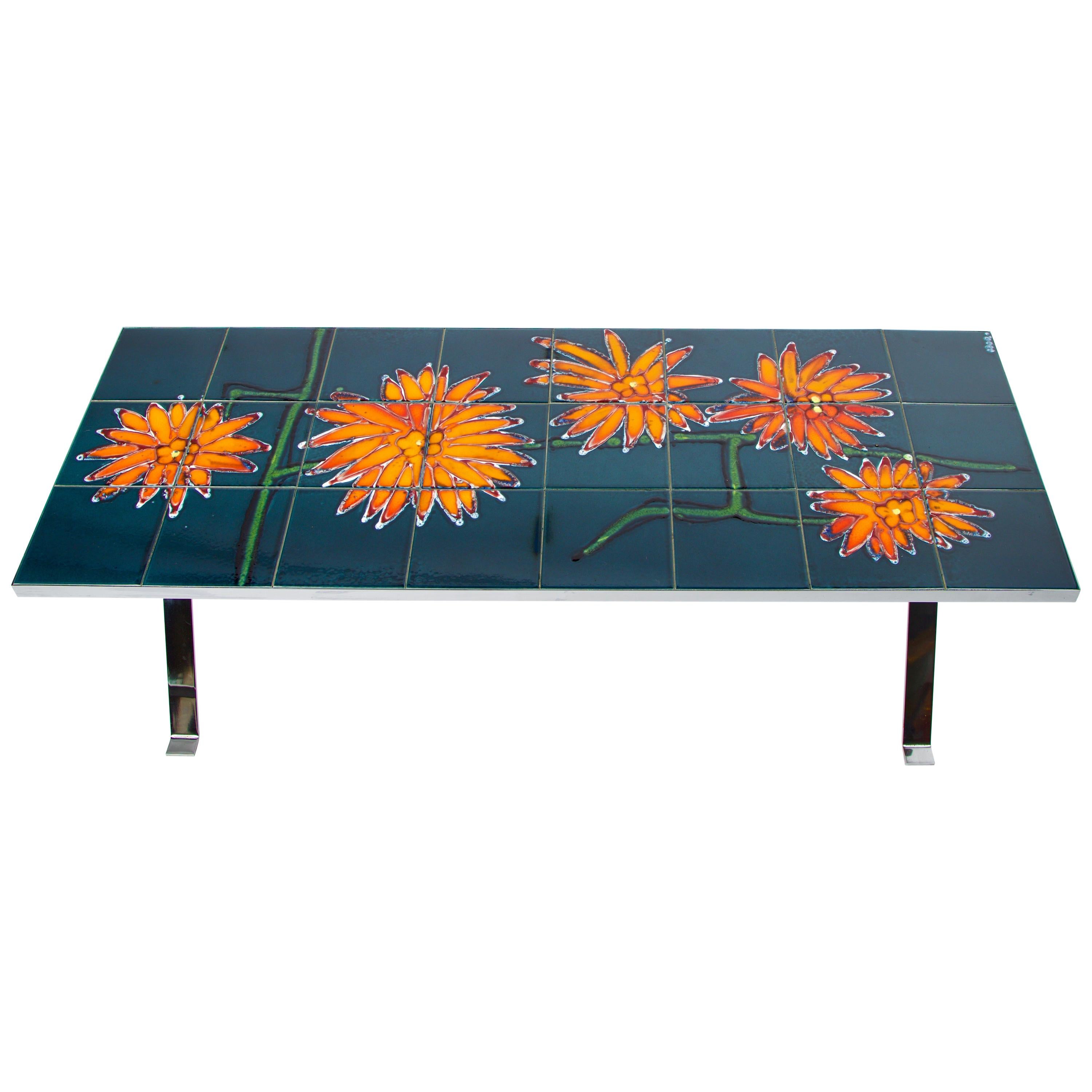 Midcentury Modern Walnut Coffee Table with Tile Inlay For Sale at