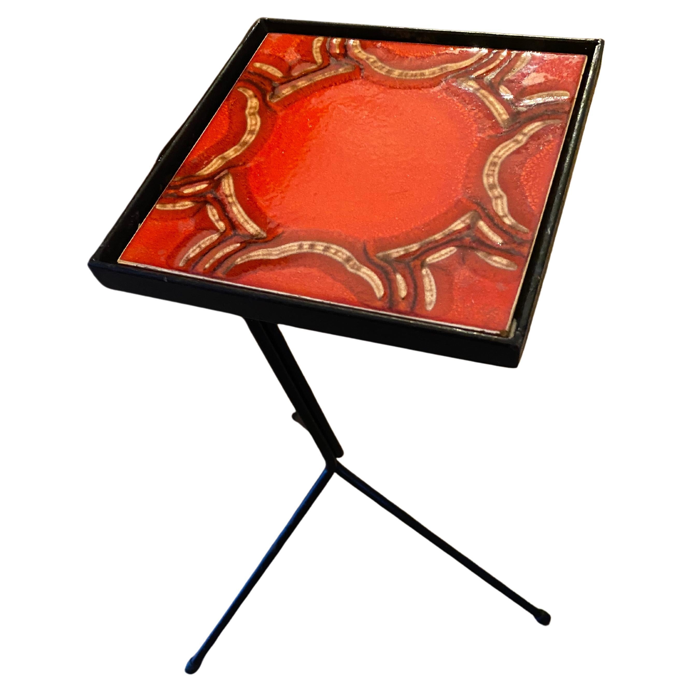 Mid-Century Modern Tile Tripod Side Table For Sale