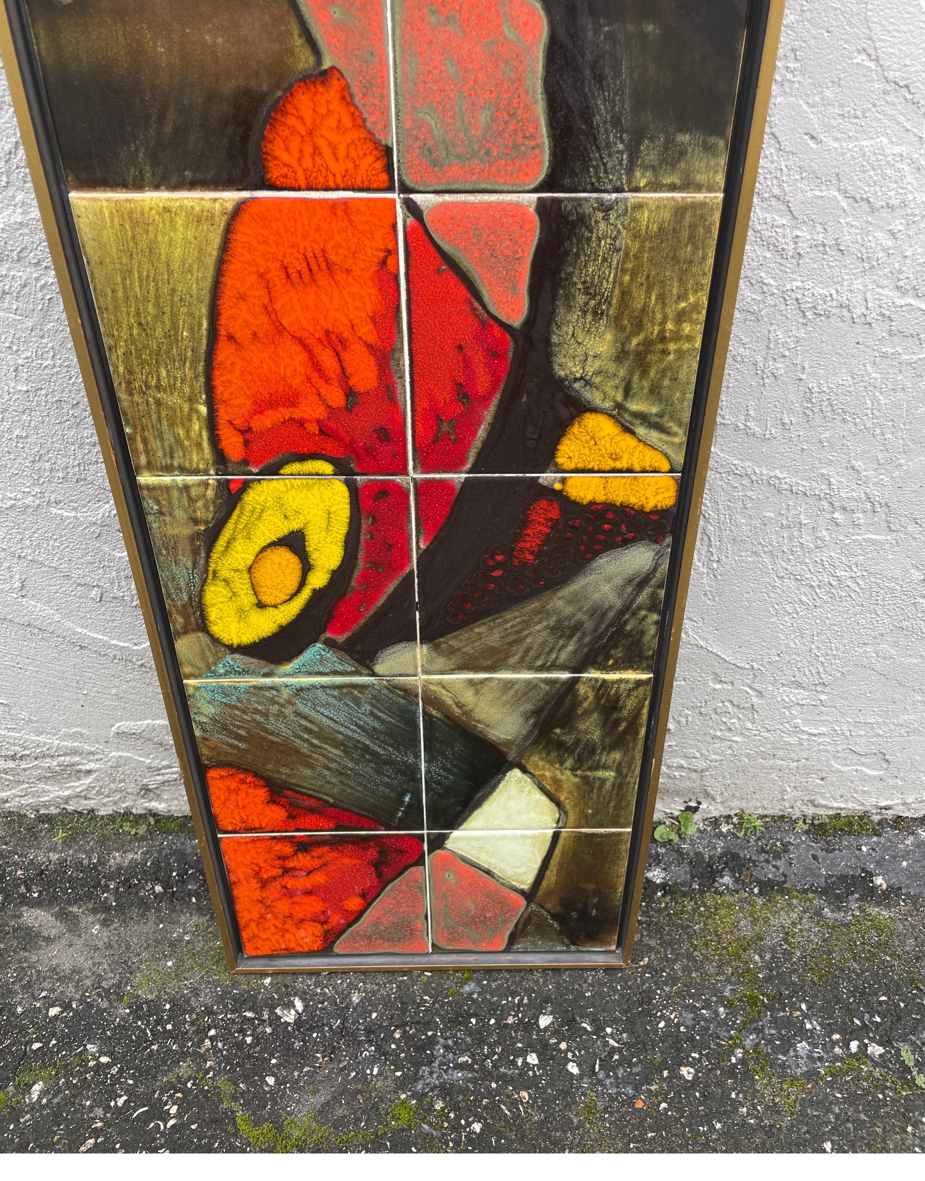 Mid Century Modern glazed tile wall art in shadow box frame. This piece can be hung either vertically or horizontally. Looks equally good either way. Your preference of course.
