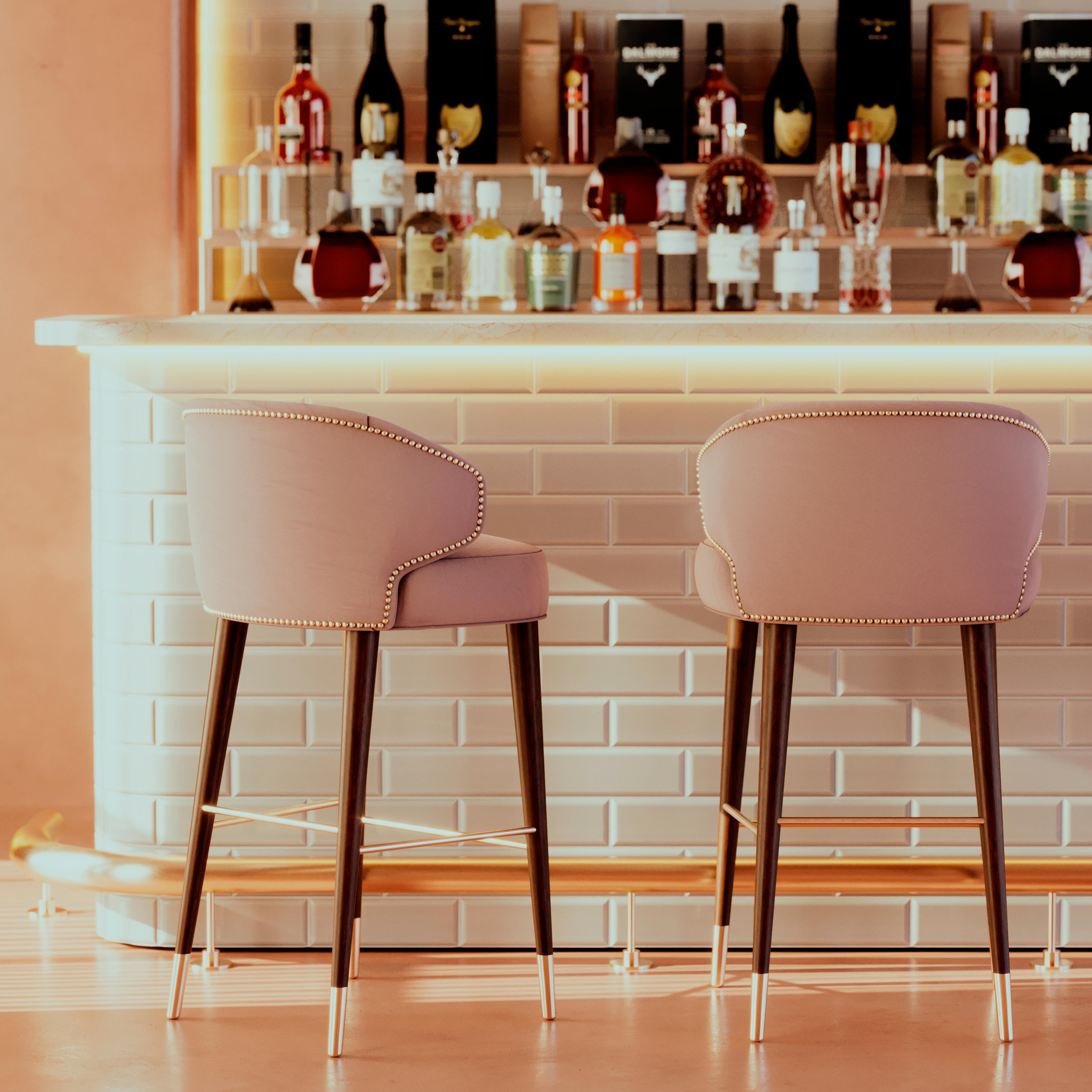 Mid-Century Modern Tippi Bar Chair Walnut Wood Cotton Velvet For Sale 2