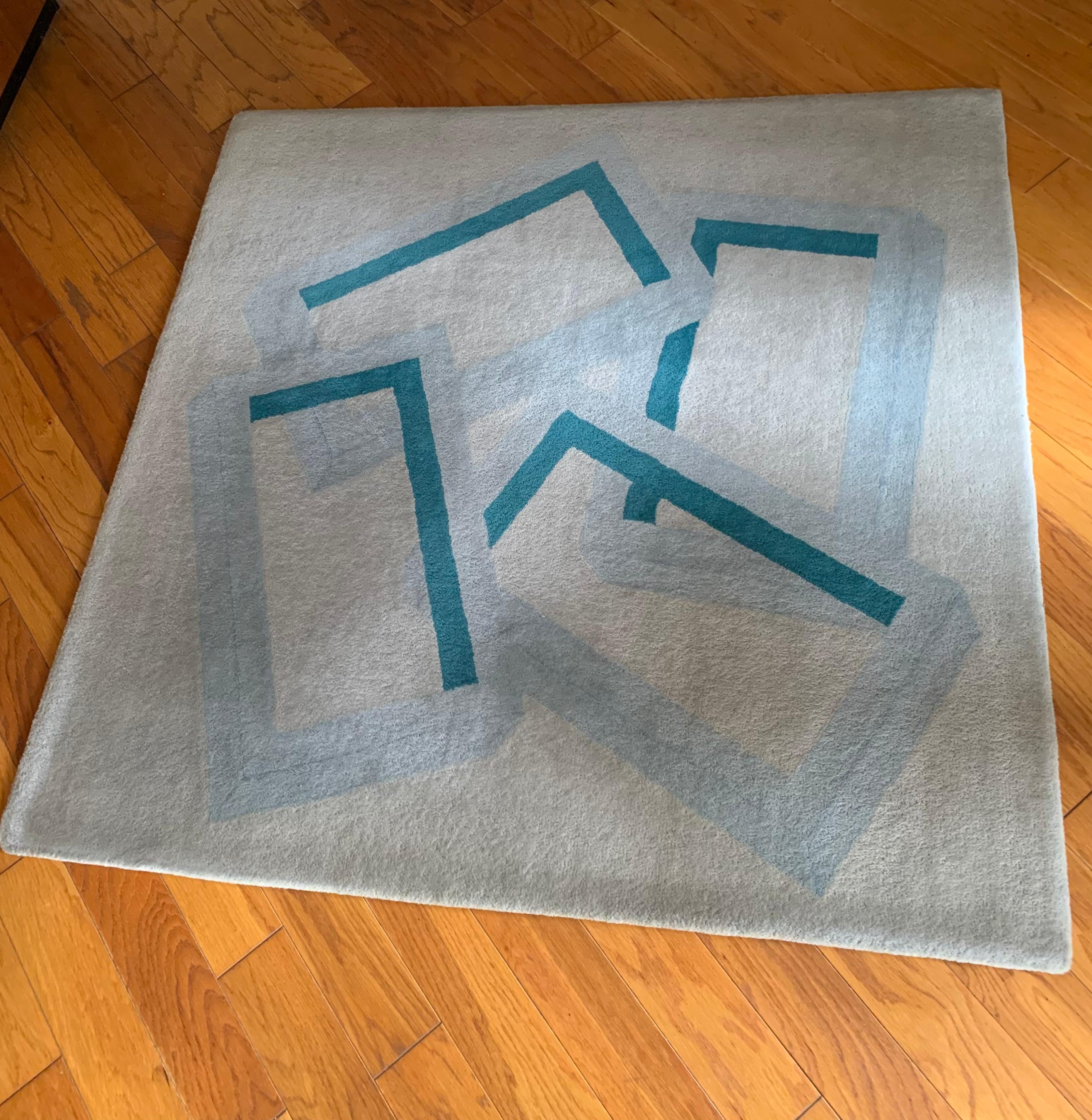 Vintage Ettore Sottsass design fine wool carpet executed by Tisca, hand made in France.
Tisca carpets are described as poetry for the feet, rightly so, as the thick, lush 100% wool surface will have your toes singing its praises. Hand made and