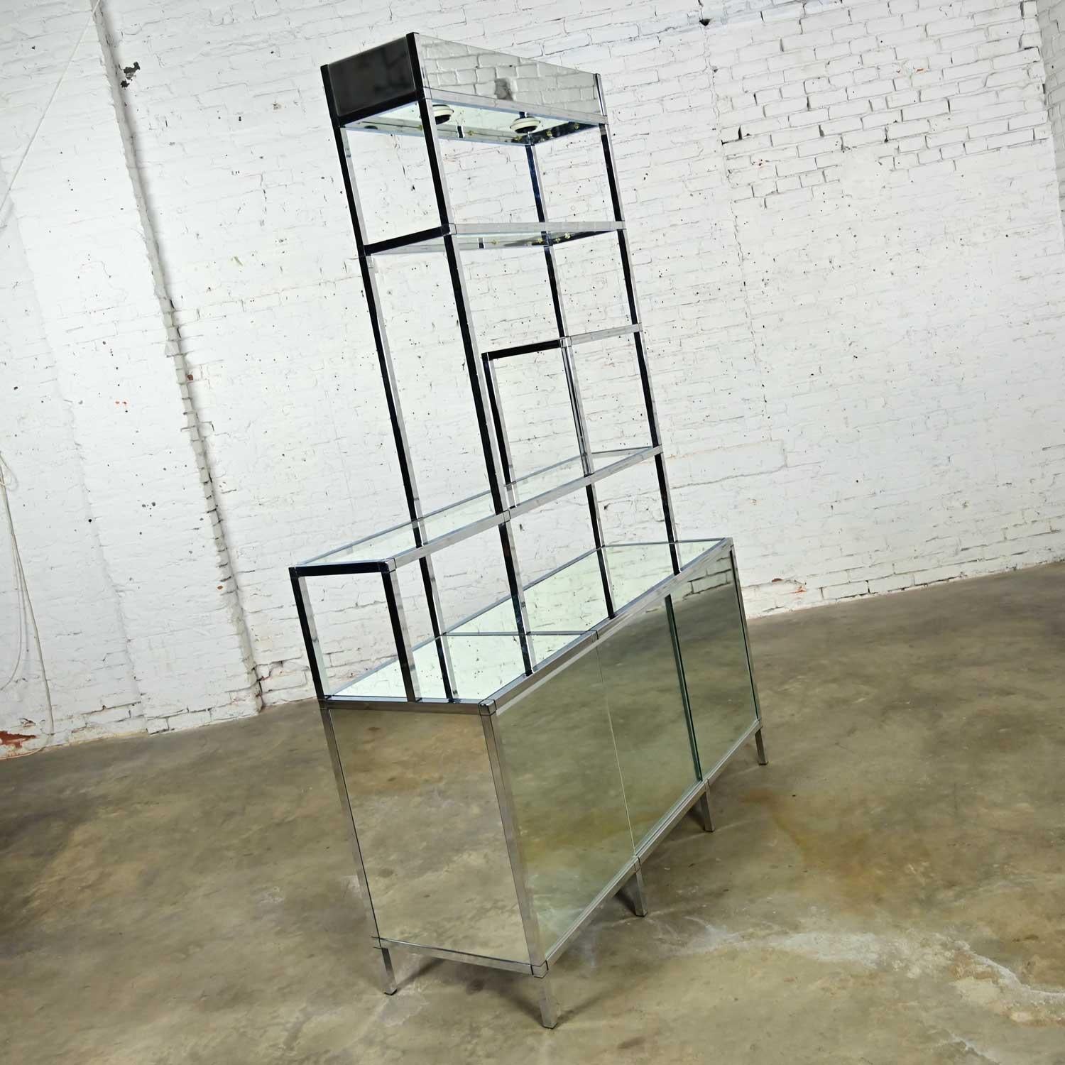 Glass Mid Century Modern to Modern Chrome & Mirrored Etagere Cabinet Style DIA or Ello For Sale