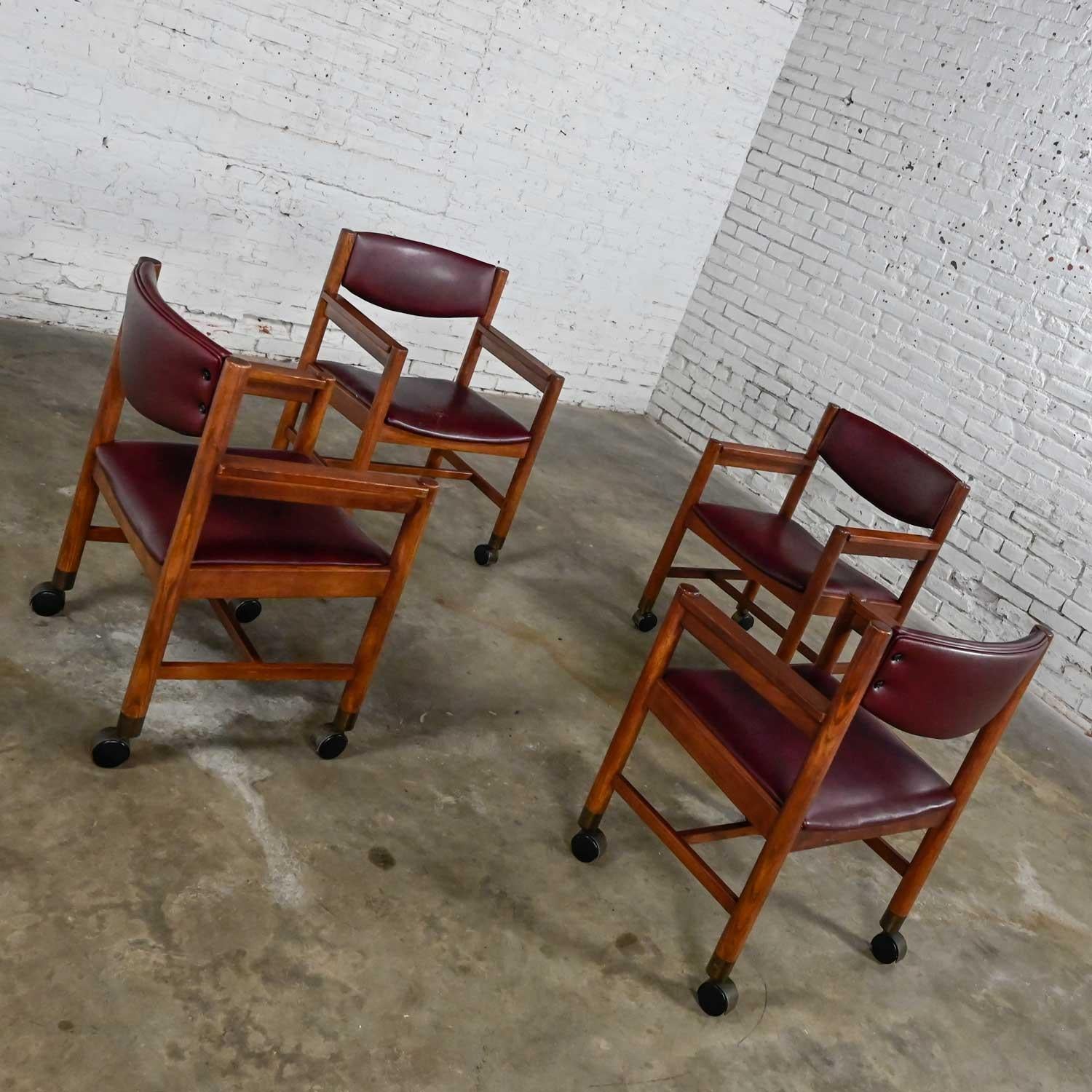 Mid-Century Modern to Modern Oak Maroon Vinyl Rolling Game or Dining Chairs For Sale 3