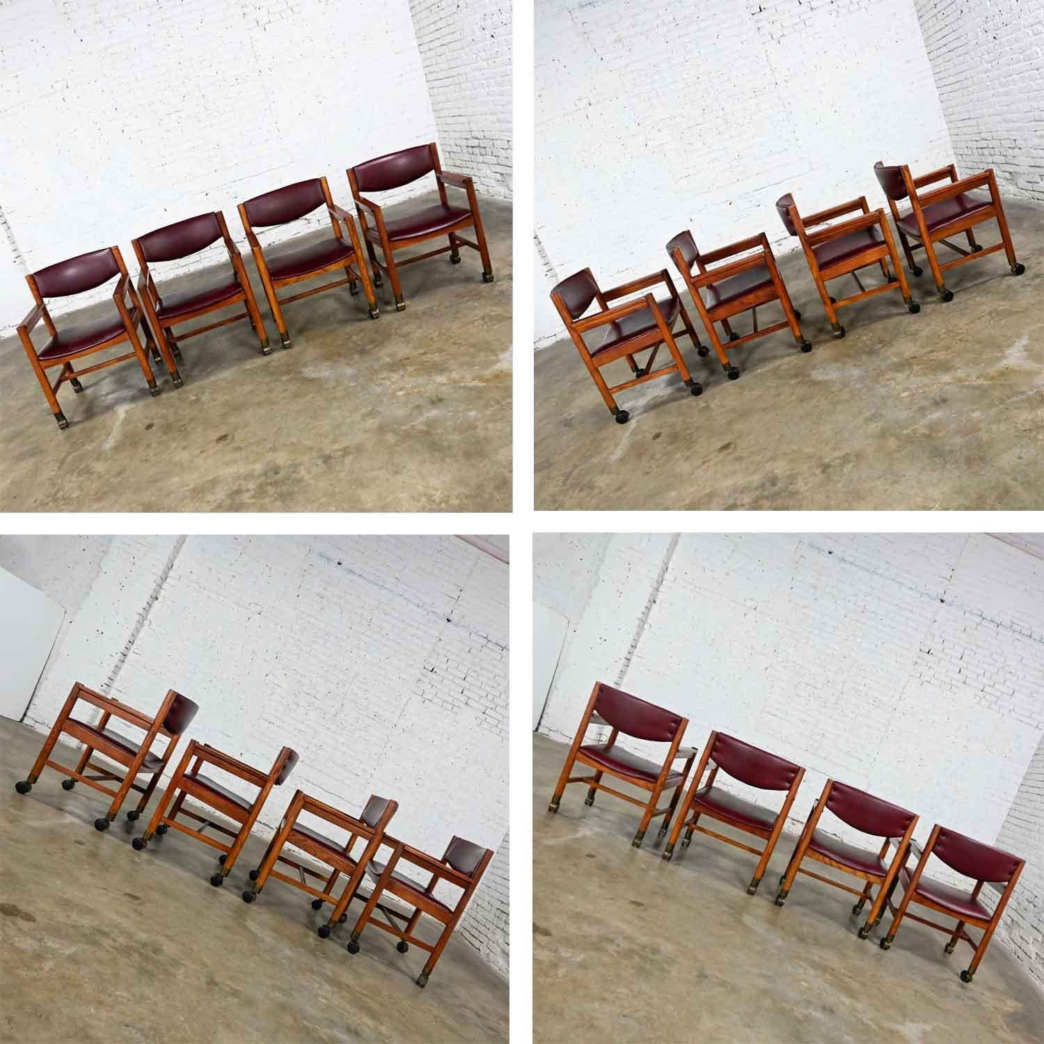 Mid-Century Modern to Modern Oak Maroon Vinyl Rolling Game or Dining Chairs For Sale 4