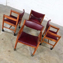 Mid-Century Modern to Modern Oak Maroon Vinyl Rolling Game or Dining Chairs