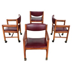 Mid-Century Modern to Modern Oak Maroon Vinyl Rolling Game or Dining Chairs