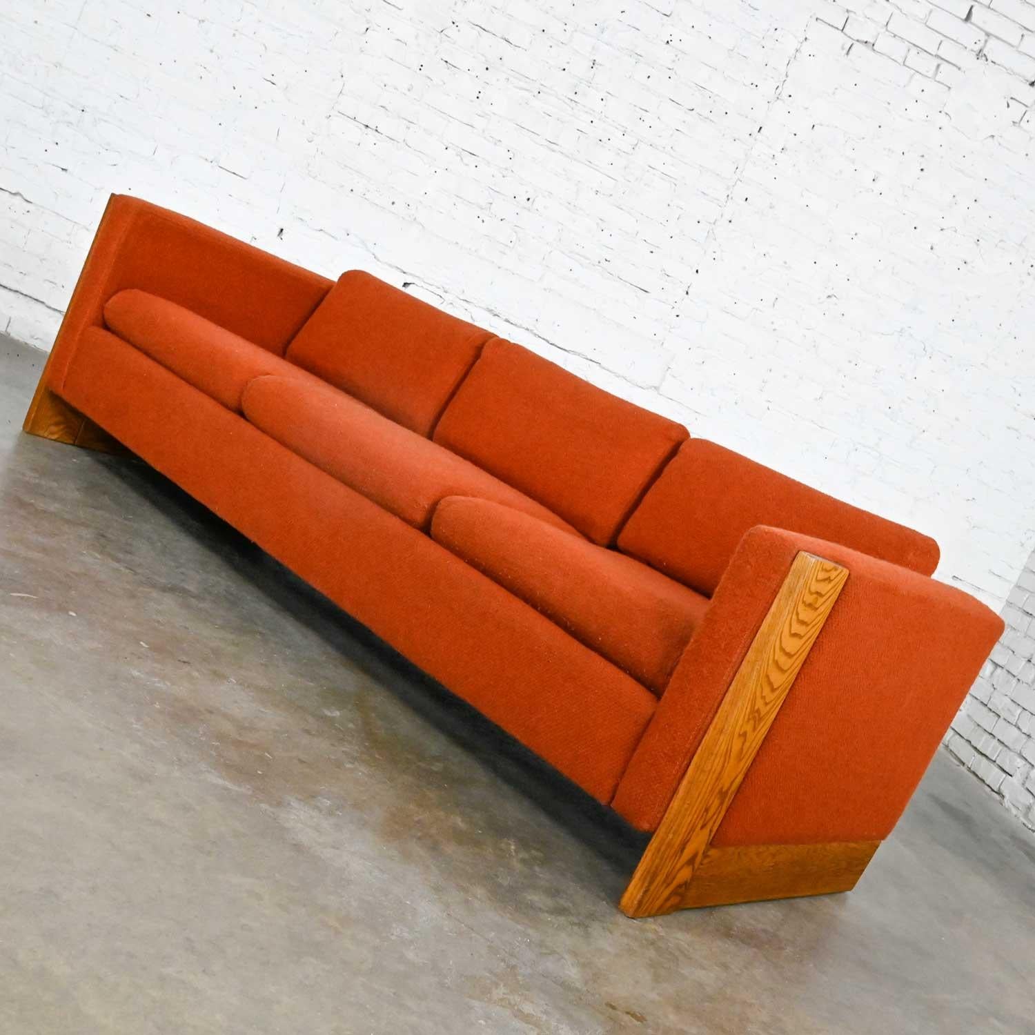 Mid-Century Modern to Modern Rust or Burnt Orange Tuxedo Style Sofa Oak Frame For Sale 2