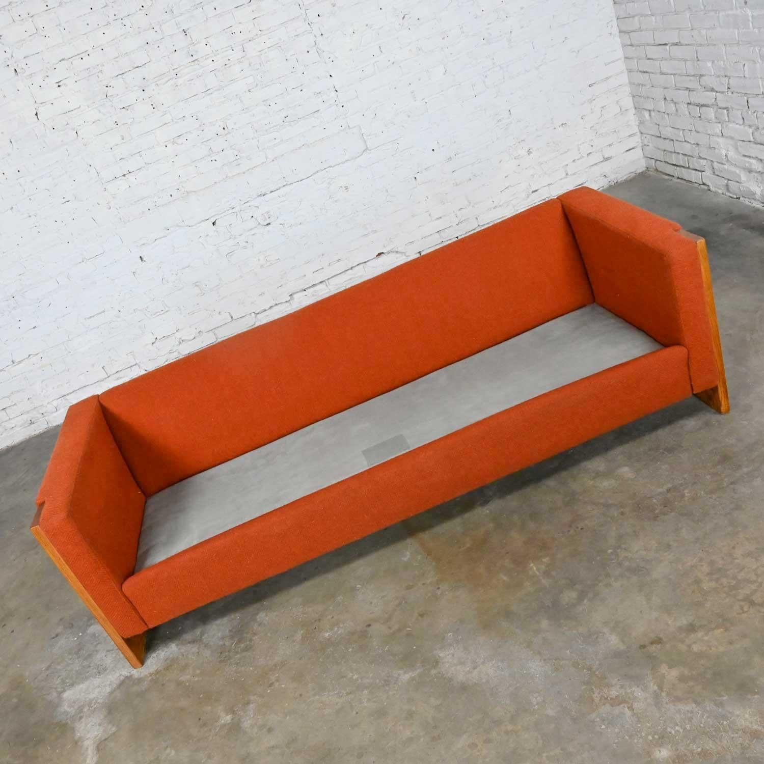 Mid-Century Modern to Modern Rust or Burnt Orange Tuxedo Style Sofa Oak Frame For Sale 3