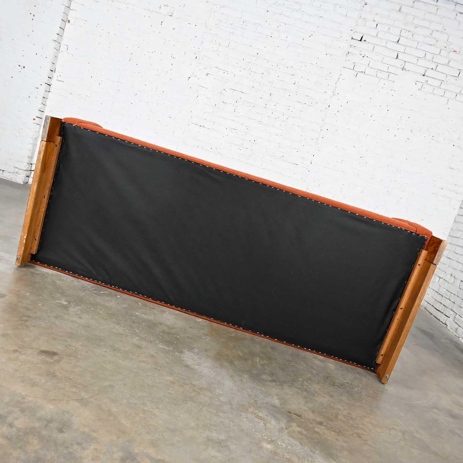 Mid-Century Modern to Modern Rust or Burnt Orange Tuxedo Style Sofa Oak Frame For Sale 4