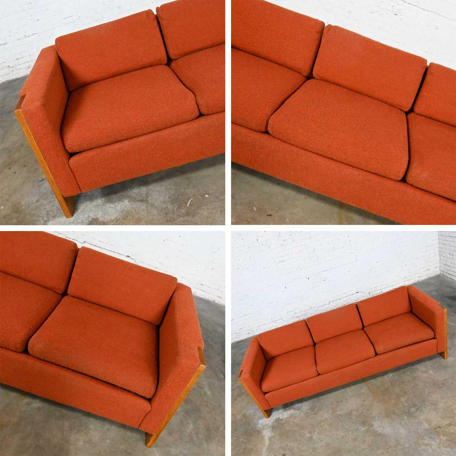 Mid-Century Modern to Modern Rust or Burnt Orange Tuxedo Style Sofa Oak Frame For Sale 5