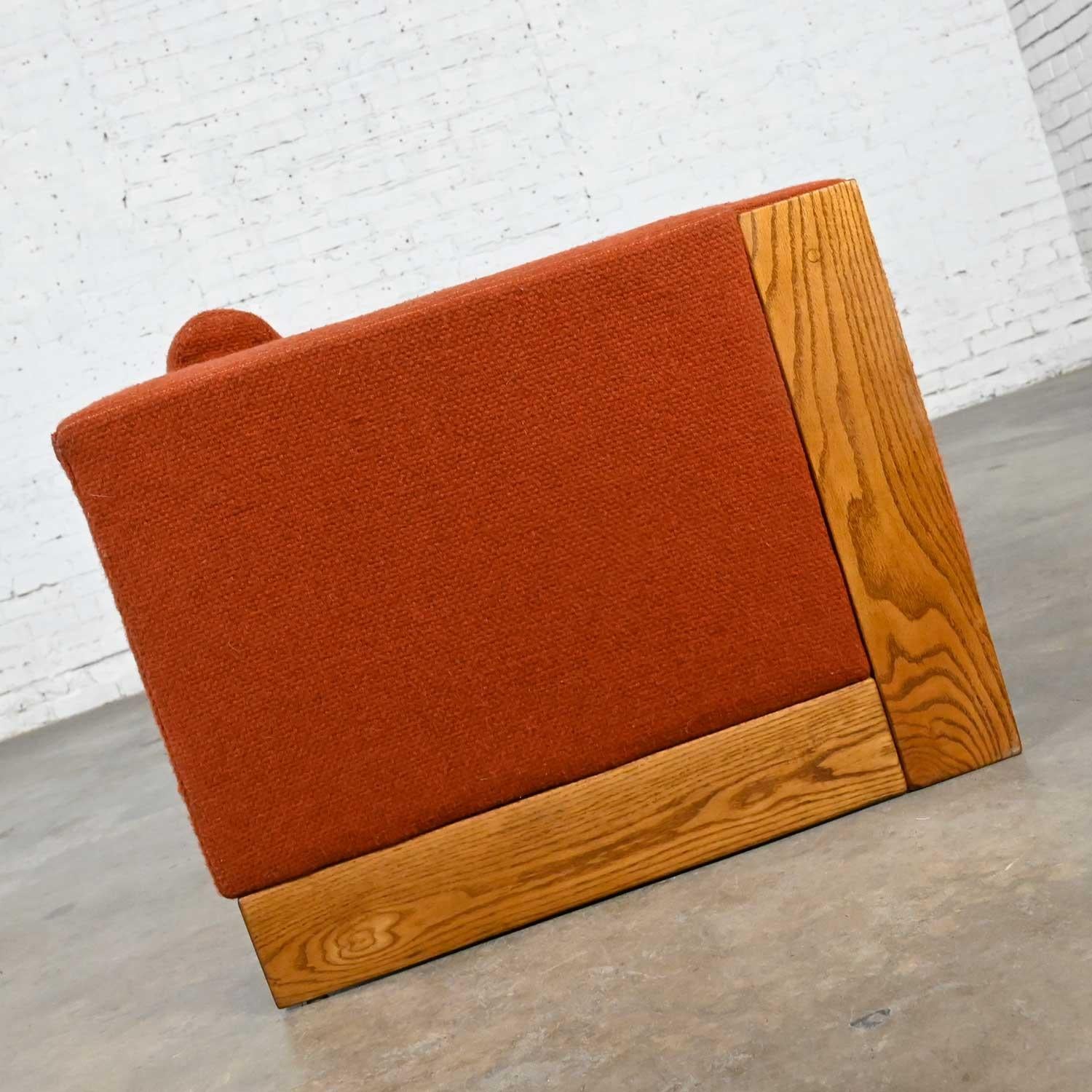 Mid-Century Modern to Modern Rust or Burnt Orange Tuxedo Style Sofa Oak Frame In Good Condition For Sale In Topeka, KS