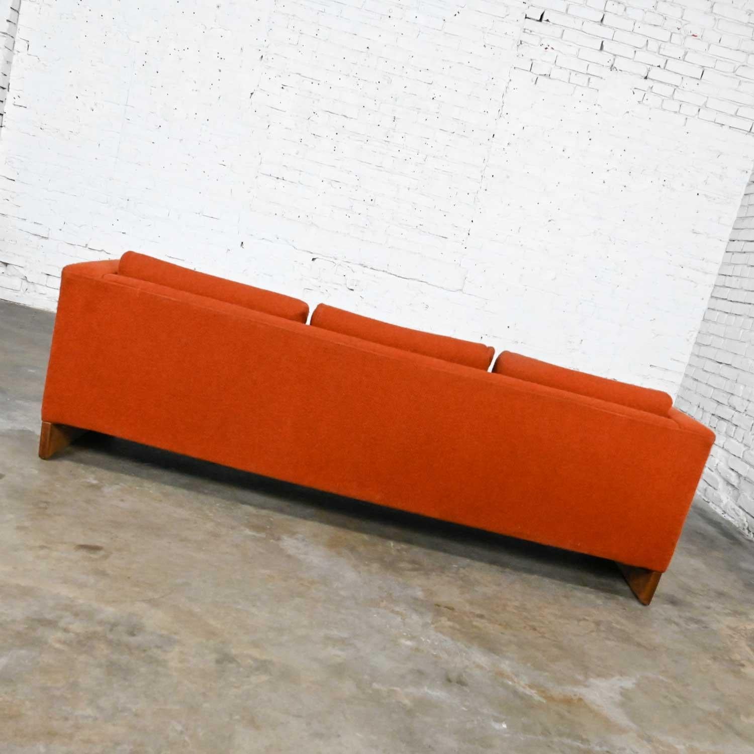 20th Century Mid-Century Modern to Modern Rust or Burnt Orange Tuxedo Style Sofa Oak Frame For Sale