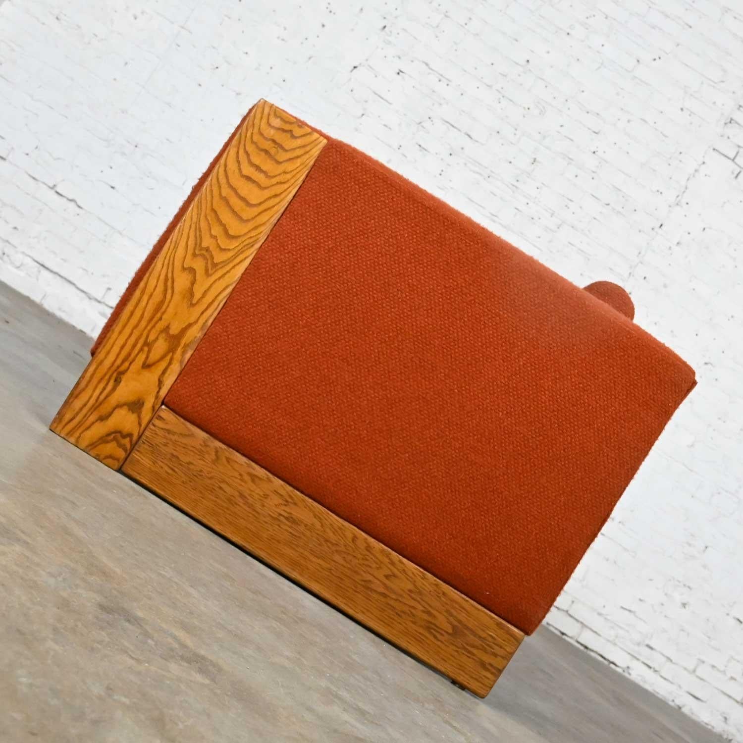 Fabric Mid-Century Modern to Modern Rust or Burnt Orange Tuxedo Style Sofa Oak Frame For Sale