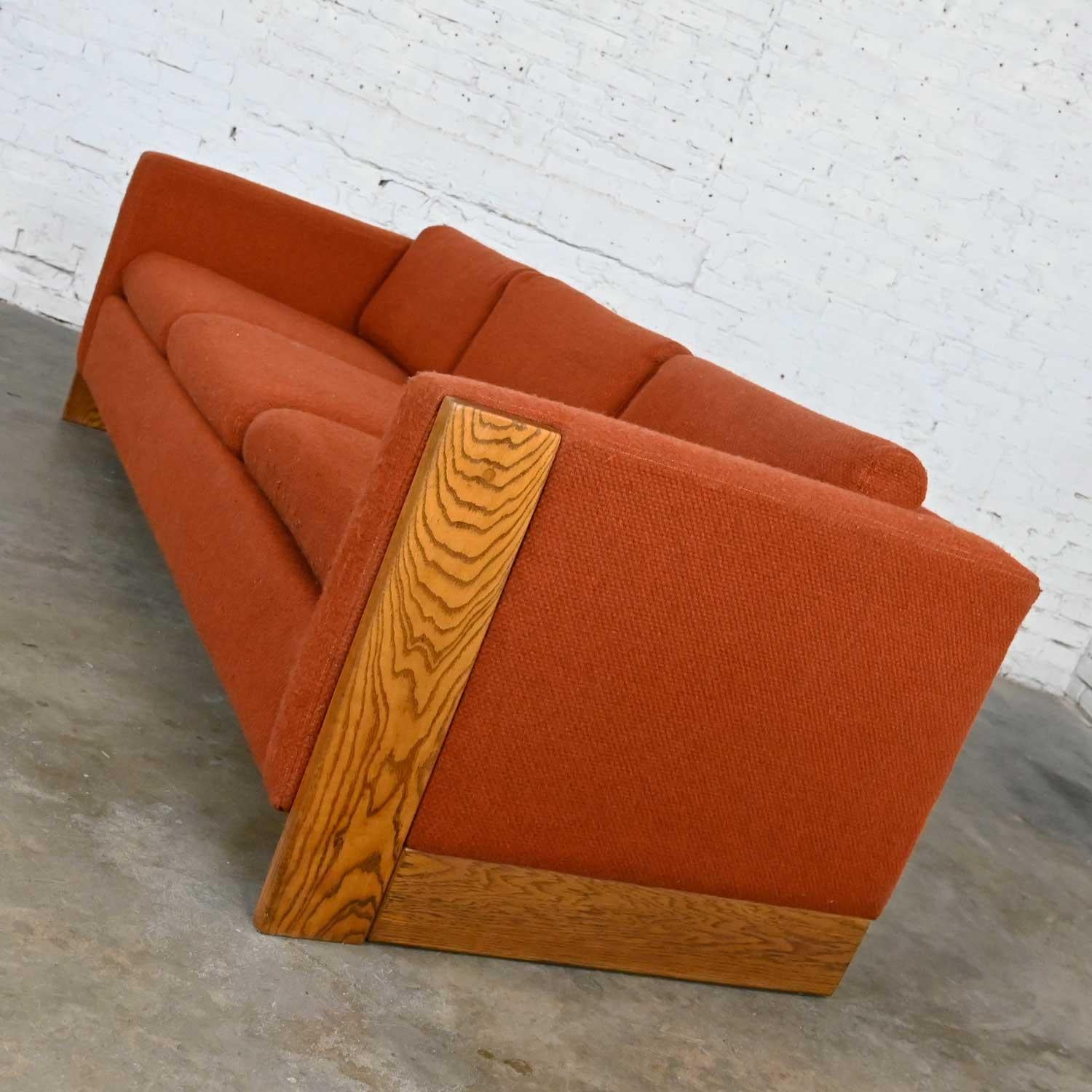 Mid-Century Modern to Modern Rust or Burnt Orange Tuxedo Style Sofa Oak Frame For Sale 1