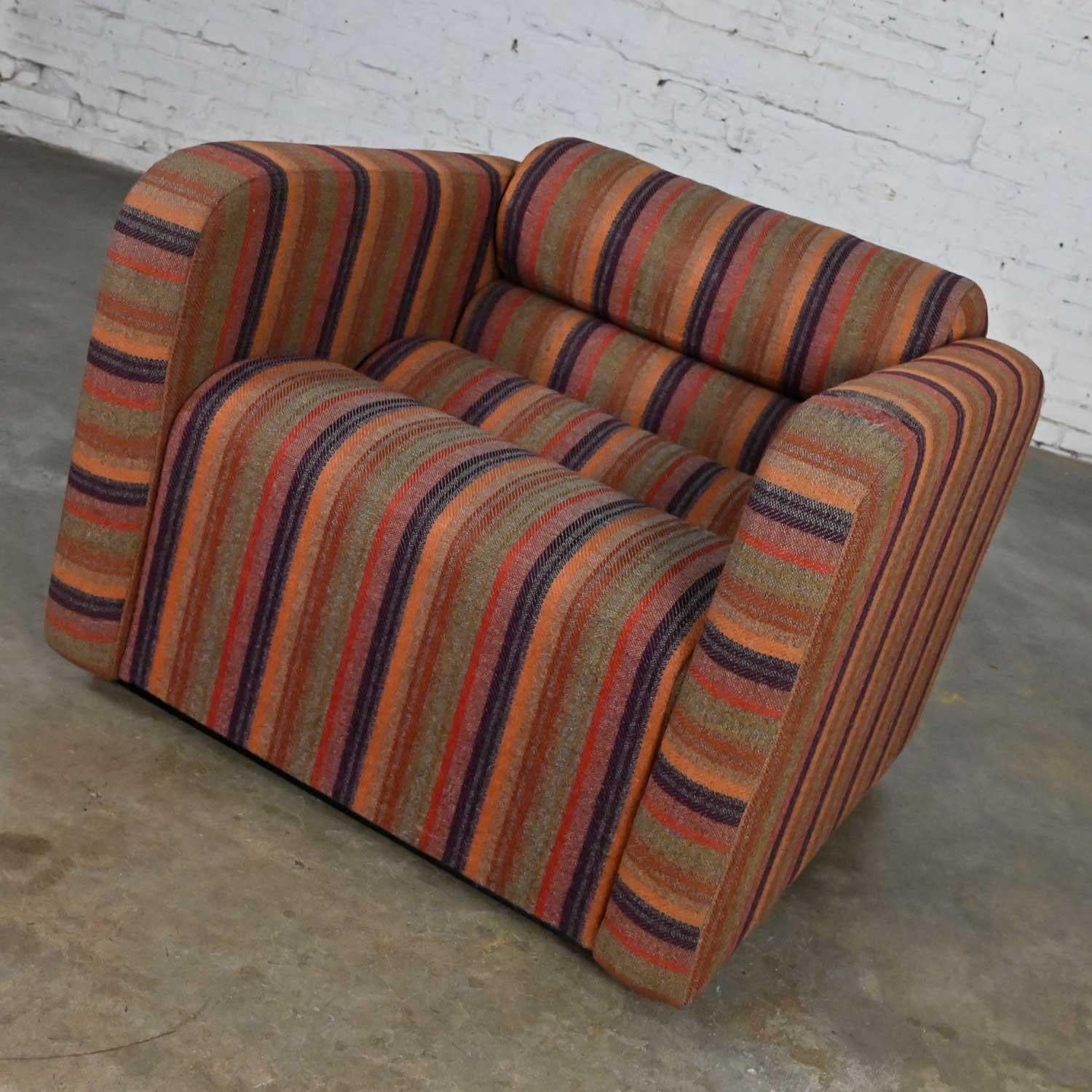 Awesome mid-century modern to post-modern purple striped multi-piece modular club chair. Beautiful condition, keeping in mind that this is vintage and not new so will have signs of use and wear. There was a hole in the left arm that has been patched