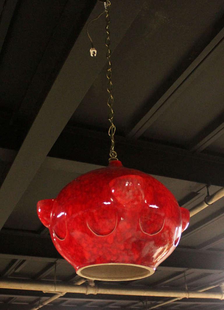 American Mid-Century Modern Tomato Red Glazed Art Pottery Ceramic  Pendant Light Fixture For Sale