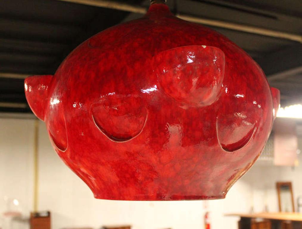 20th Century Mid-Century Modern Tomato Red Glazed Art Pottery Ceramic  Pendant Light Fixture For Sale