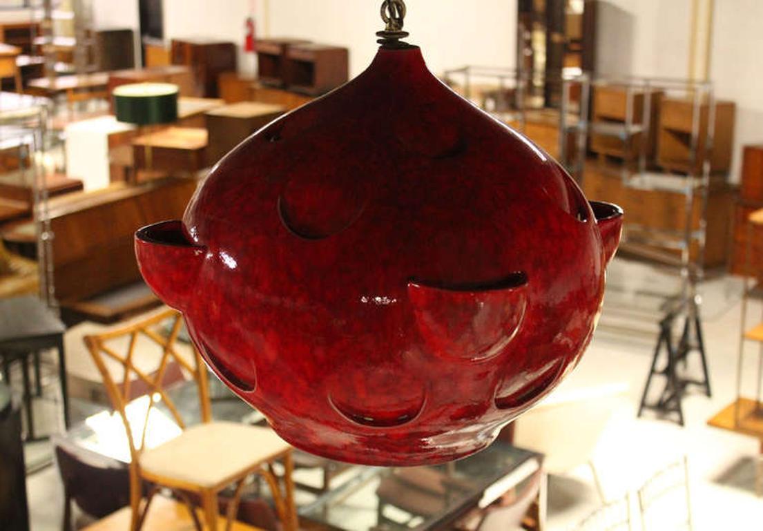 Mid-Century Modern Tomato Red Glazed Art Pottery Ceramic  Pendant Light Fixture For Sale 1