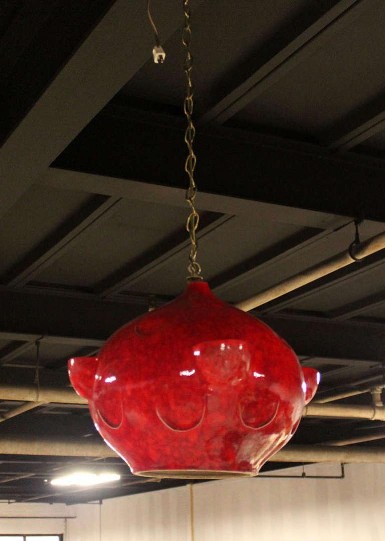 Mid-Century Modern Tomato Red Glazed Art Pottery Ceramic  Pendant Light Fixture For Sale 2