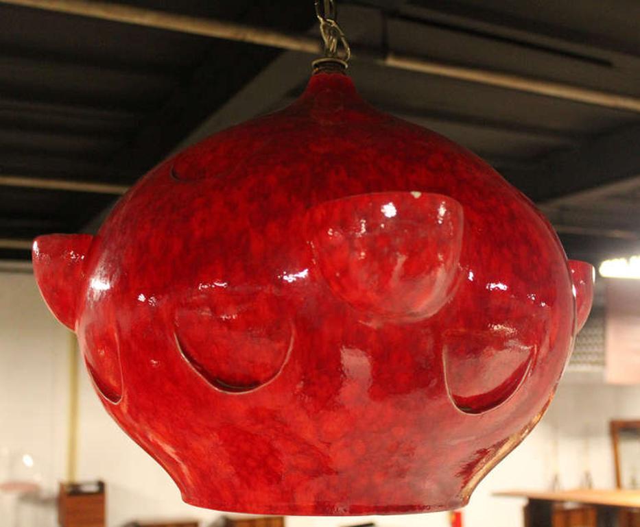 Mid-Century Modern Tomato Red Glazed Art Pottery Ceramic  Pendant Light Fixture For Sale 3