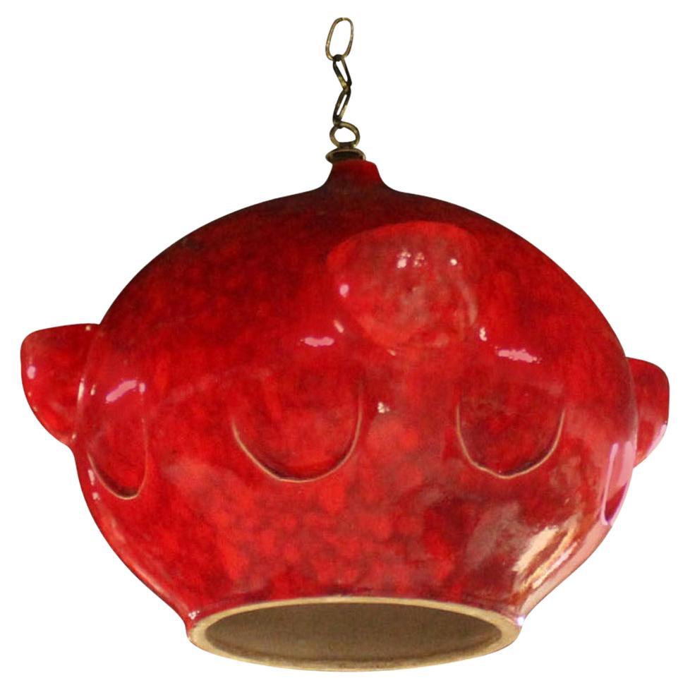 Mid-Century Modern Tomato Red Glazed Art Pottery Ceramic  Pendant Light Fixture For Sale