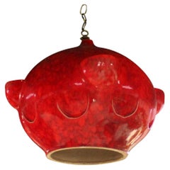 Used Mid-Century Modern Tomato Red Glazed Art Pottery Ceramic  Pendant Light Fixture