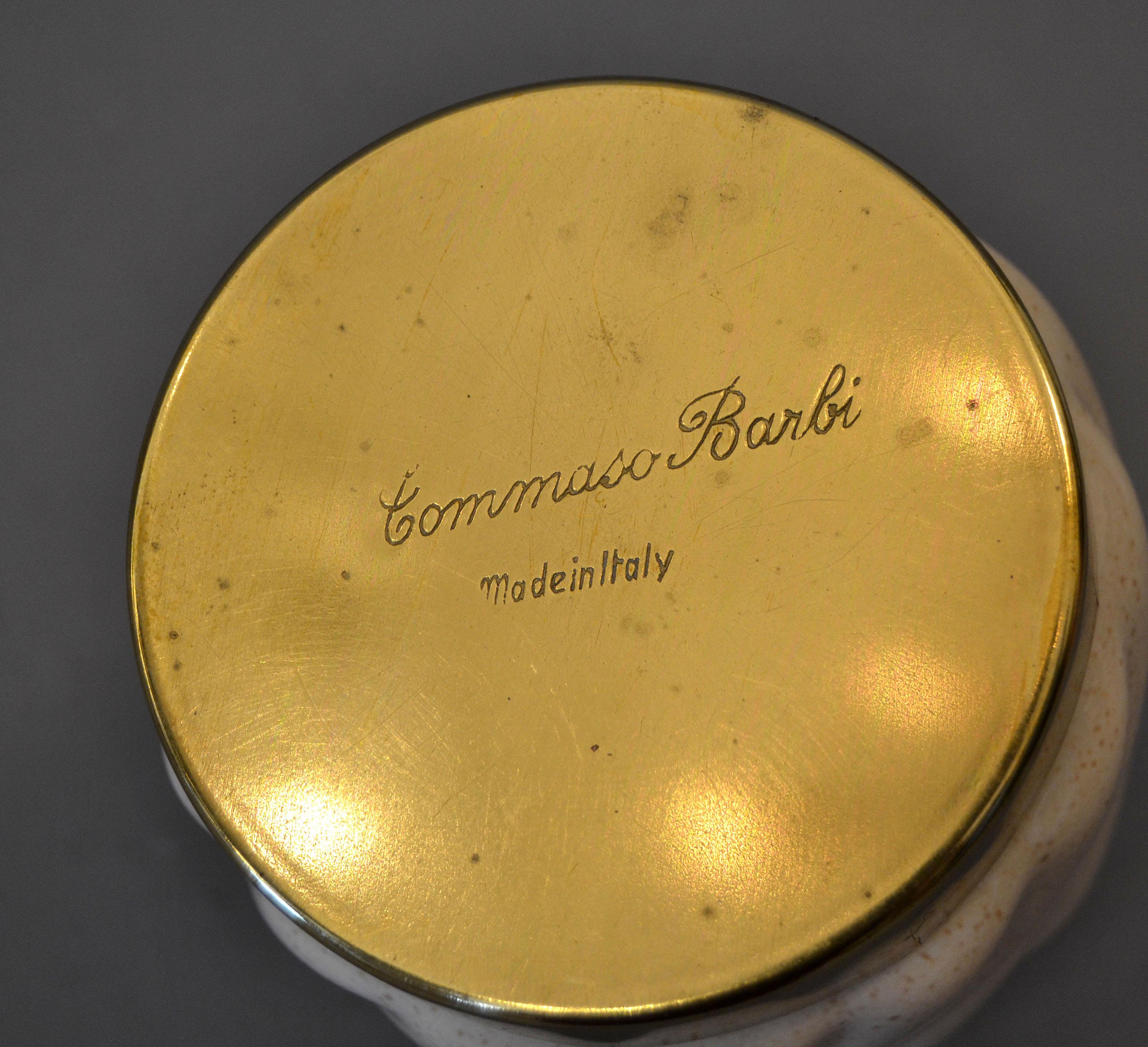 Mid-Century Modern Tommaso Barbi Beige Ceramic & Brass Lighter Italy, Signed 4