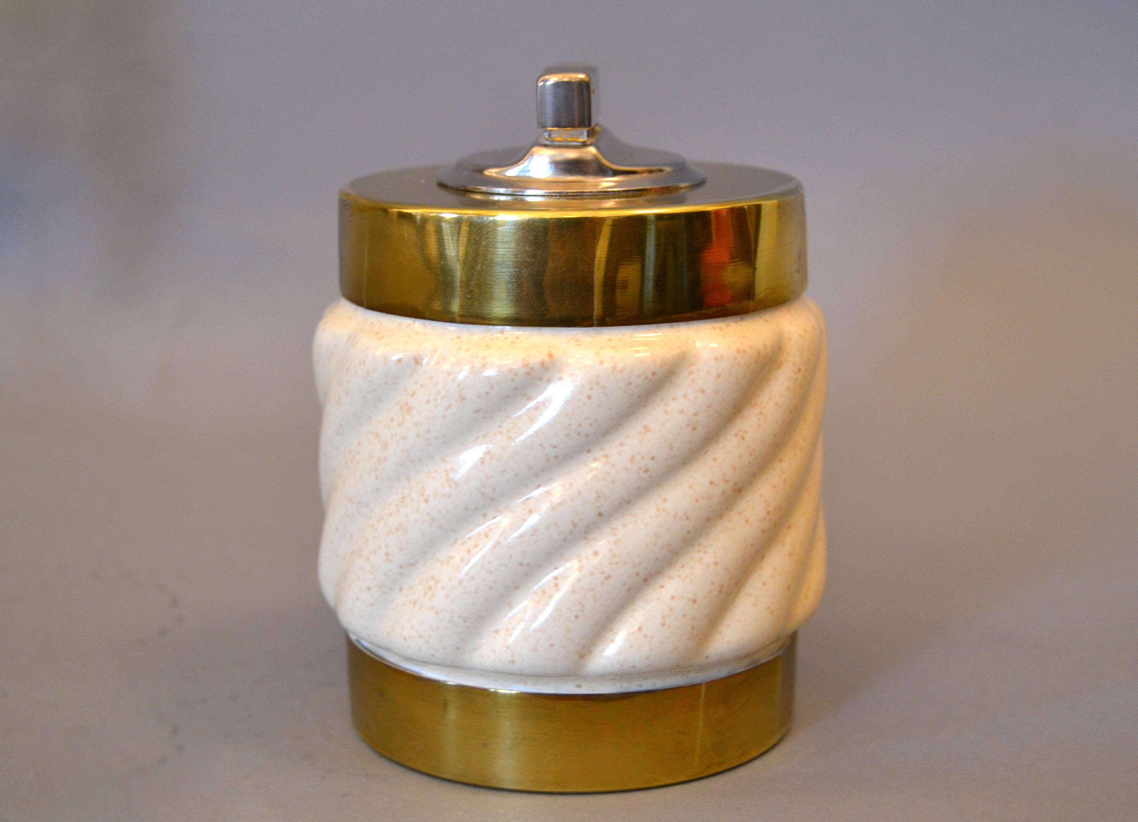 Mid-Century Modern Tommaso Barbi Beige Ceramic & Brass Lighter Italy, Signed 5