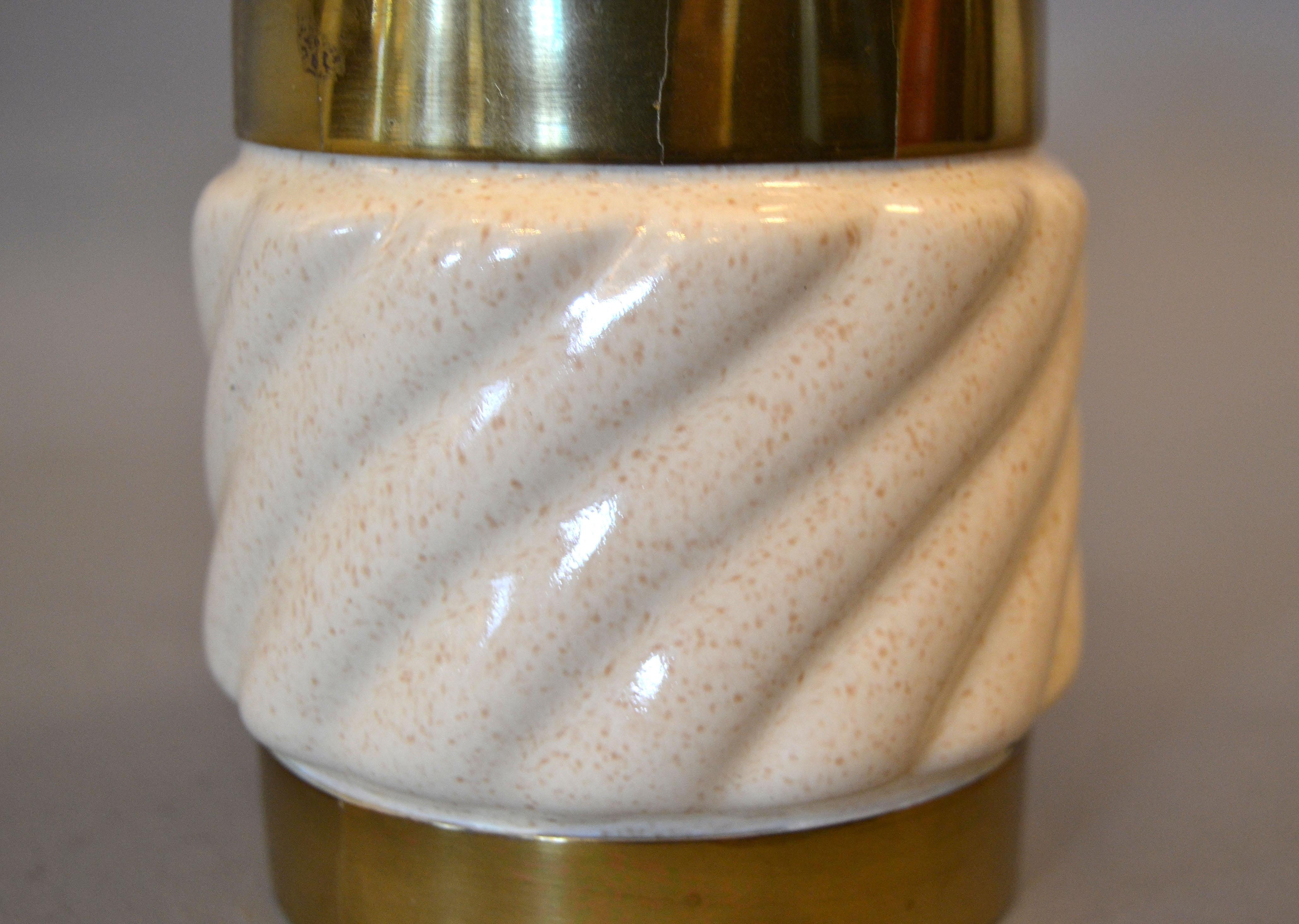 Mid-Century Modern Tommaso Barbi Beige Ceramic & Brass Lighter Italy, Signed In Good Condition In Miami, FL