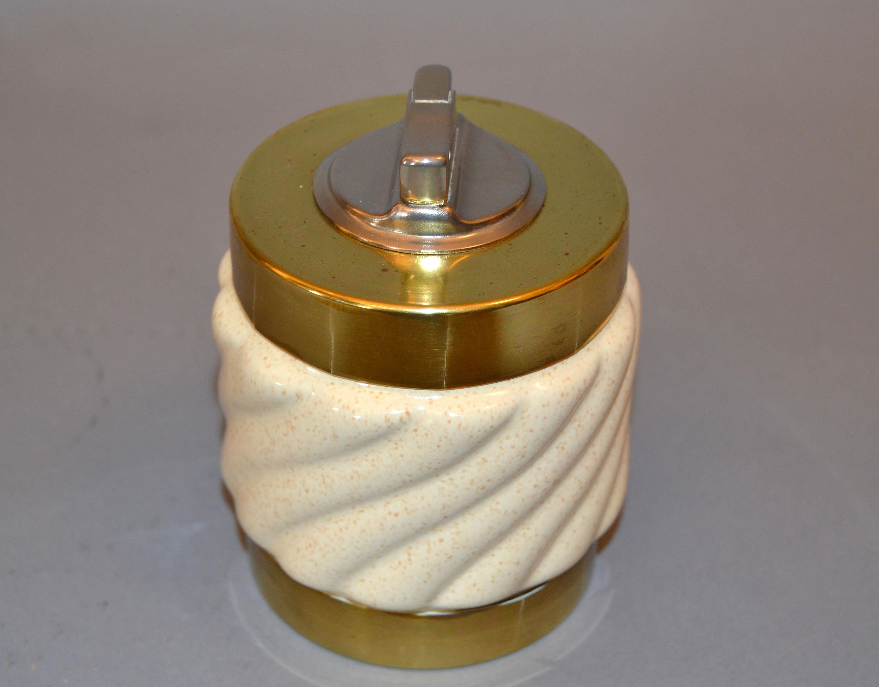 Mid-Century Modern Tommaso Barbi Beige Ceramic & Brass Lighter Italy, Signed 3