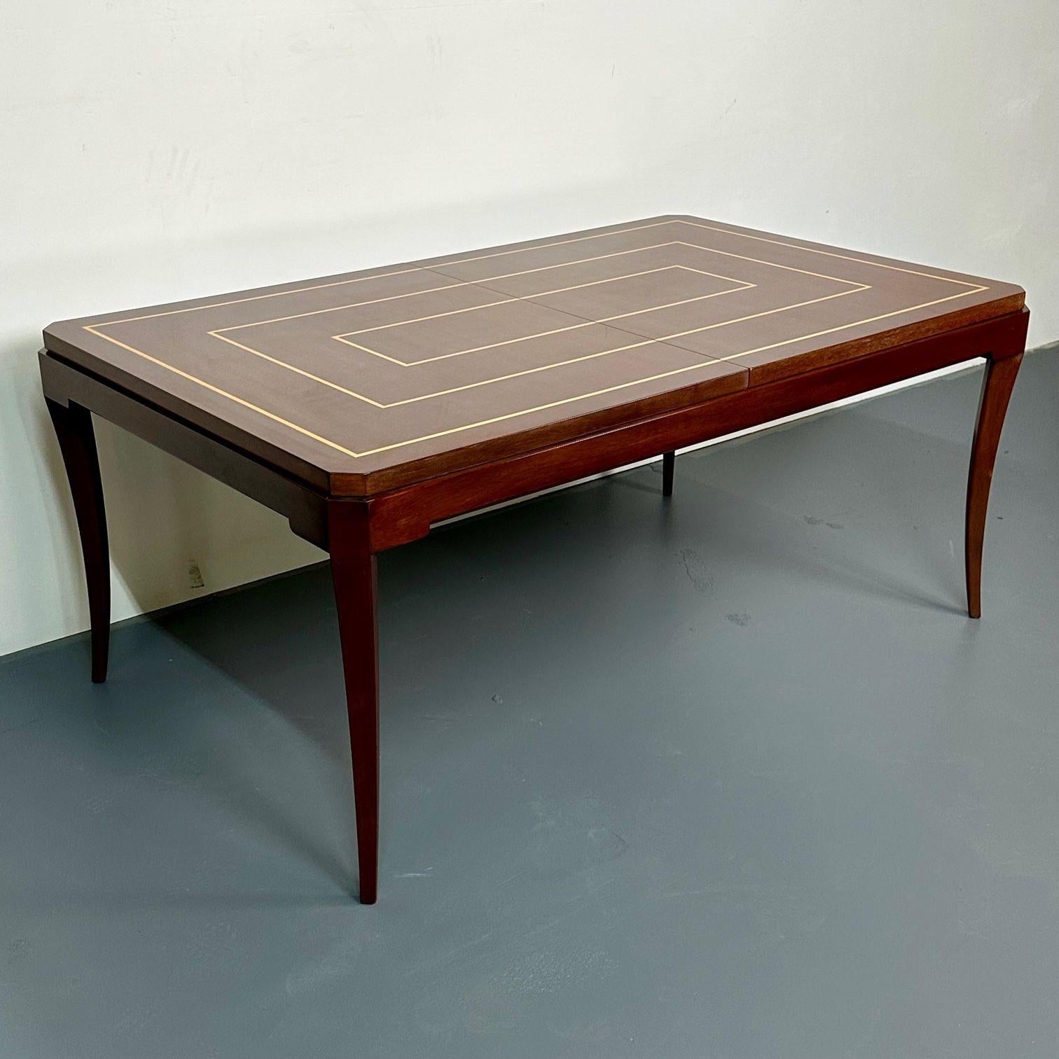 Parzinger Originals, Mid Century Modern Dining Table, 2 Leaves, Mahogany, Inlaid
A stunning mahogany and satinwood inlaid dining or conference table. This large and impressive dining table is stamped Parzinger Originals circa 1955 in its original