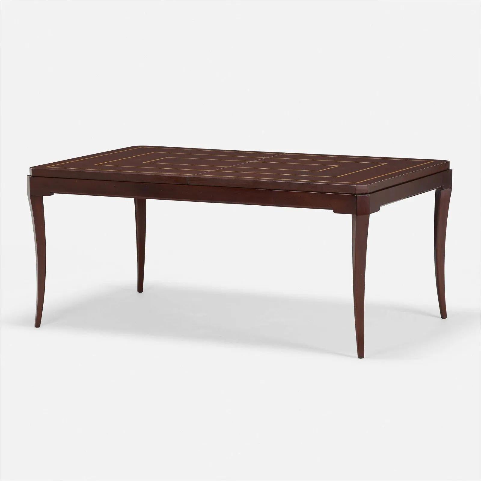American Mid-Century Modern Tommi Parzinger Dining Table, 2 Leaves, Mahogany, Inlaid For Sale