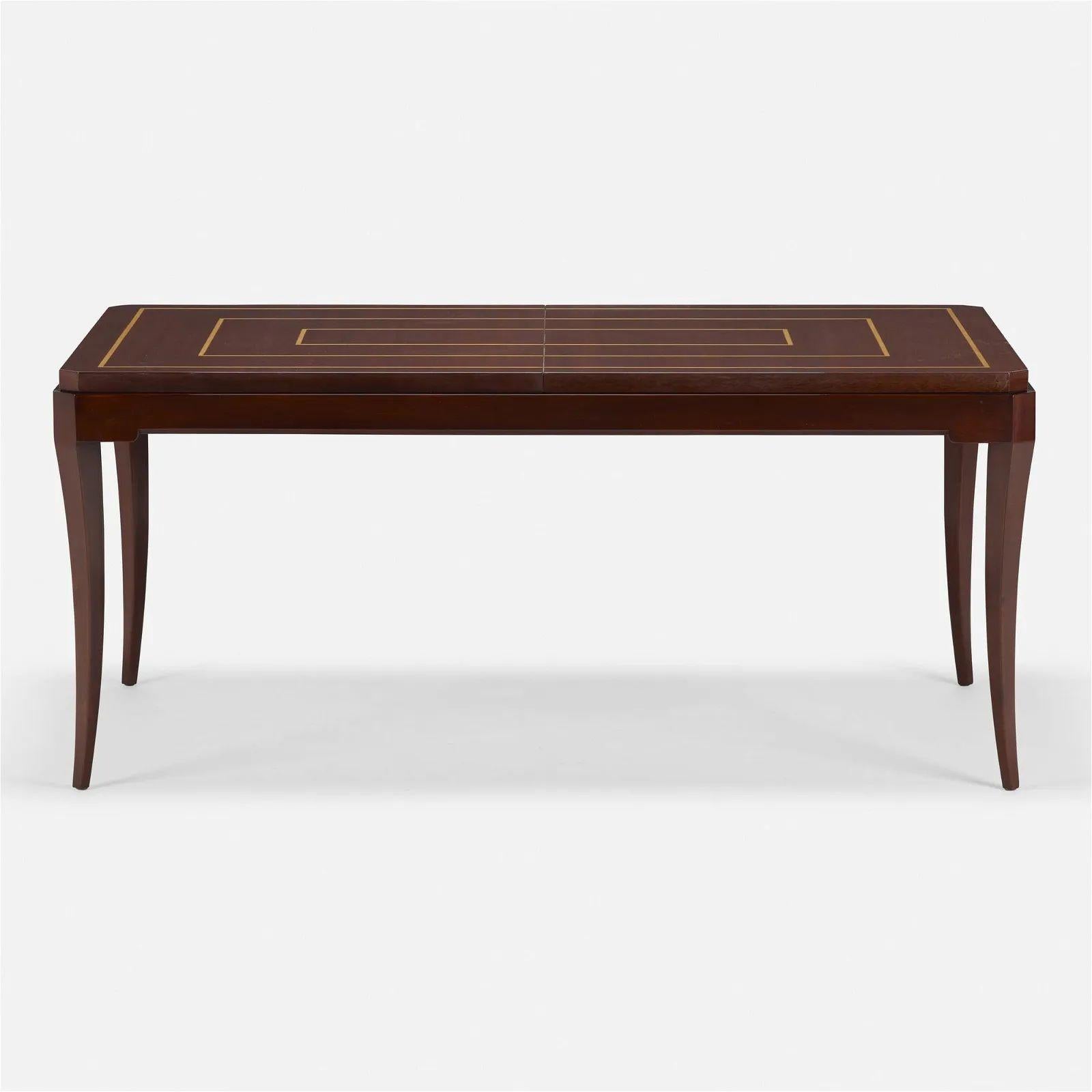 Mid-Century Modern Tommi Parzinger Dining Table, 2 Leaves, Mahogany, Inlaid In Good Condition For Sale In Stamford, CT