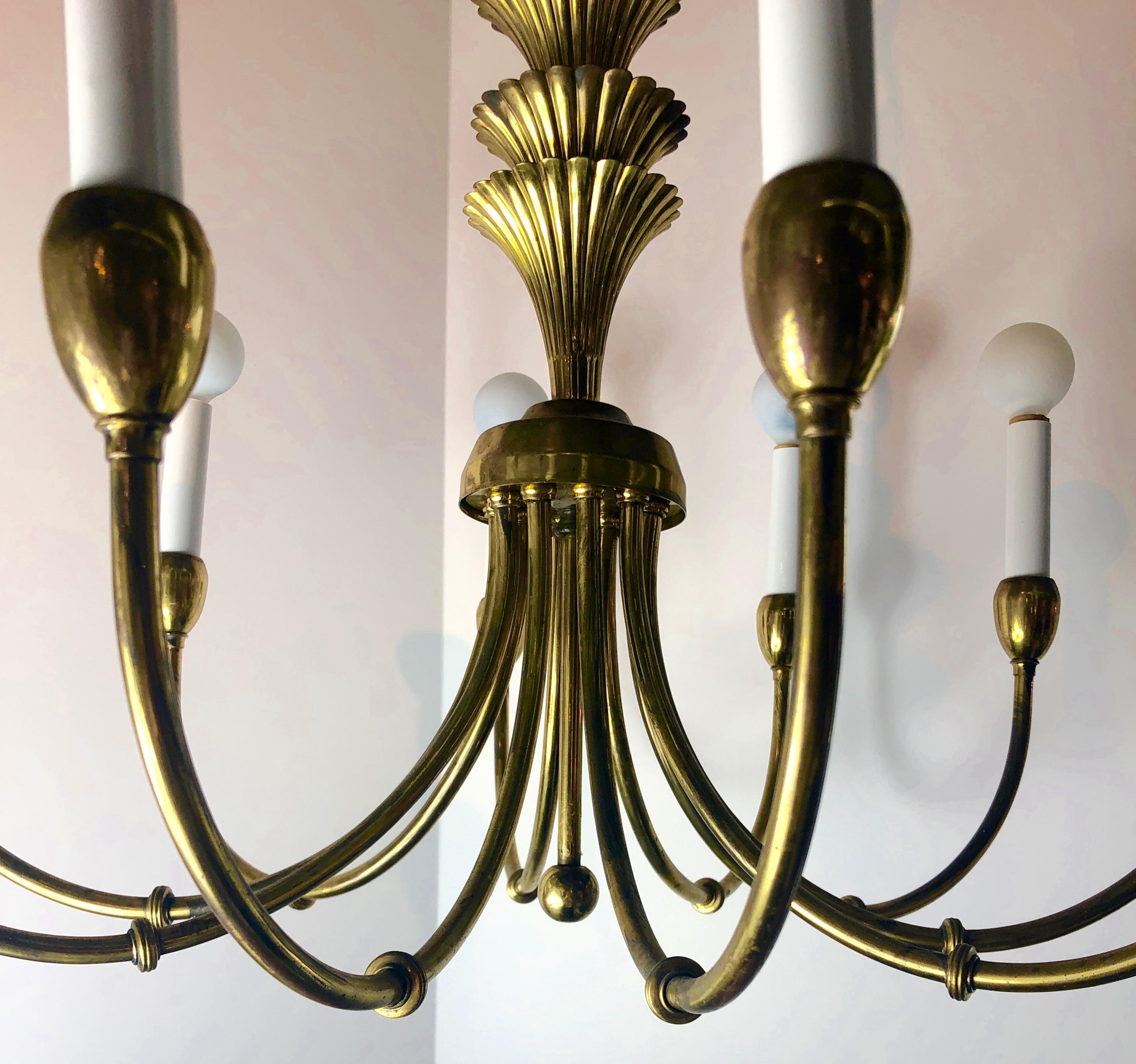 Tommi Parzinger Style Brass 10-Arm / Torchère Art Deco Style Chandelier For Sale 1
