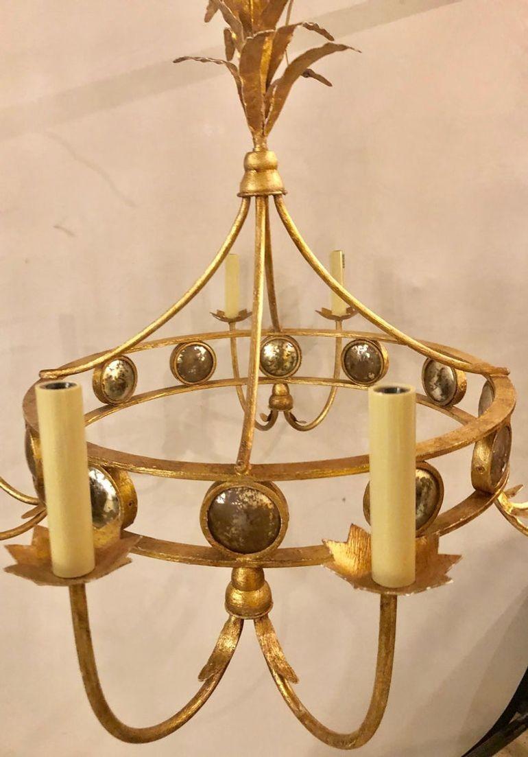 Tommy Parzinger Style Hollywood Regency Chandelier, Gilt with Mirrored Spheres