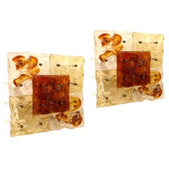 Mid-Century Modern Toni Zuccheri für Venini Murano Klar & Bernstein Quadratische Wandleuchter