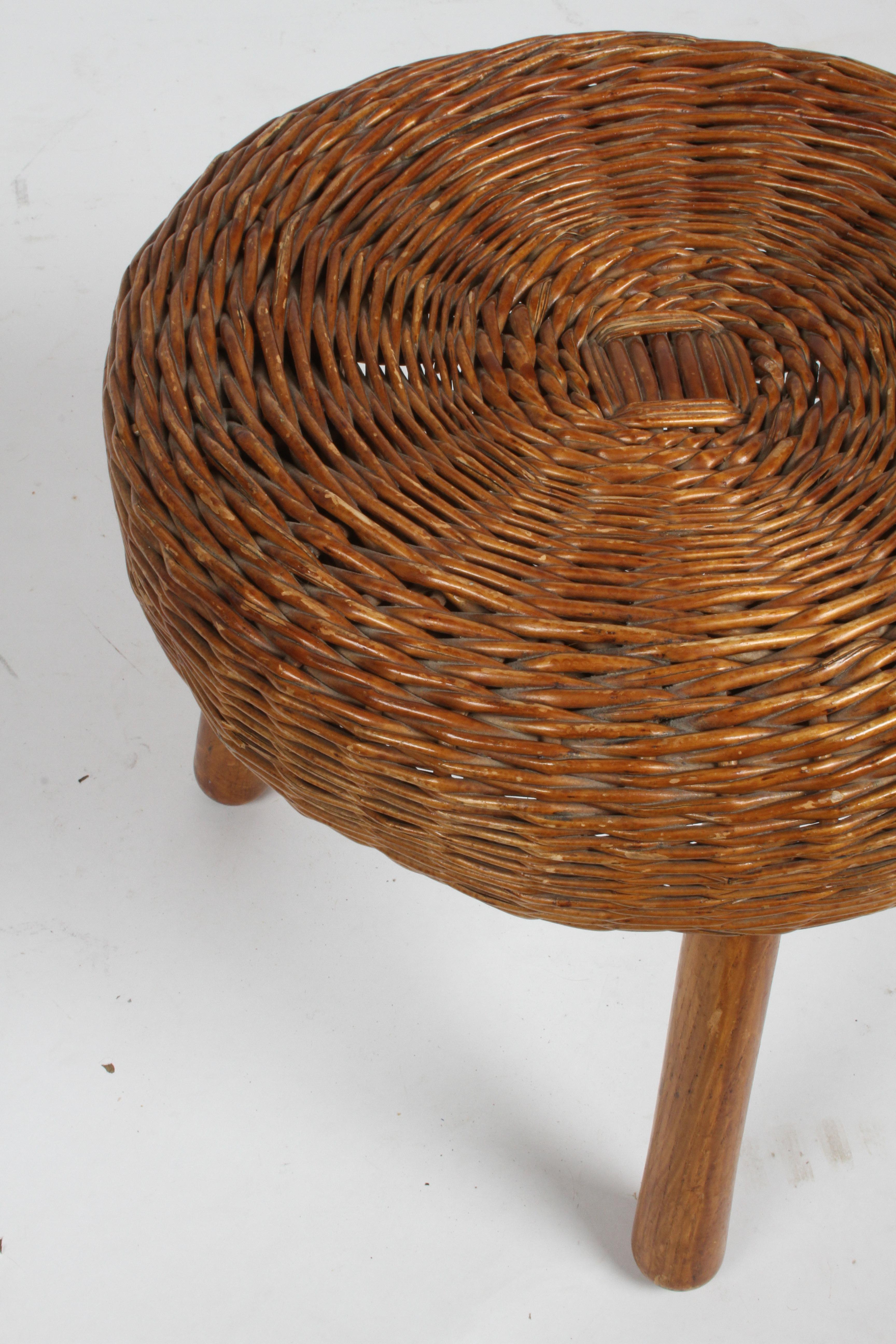 Mid-20th Century Mid-Century Modern Tony Paul Round Wicker Rattan Stool, circa 1950s