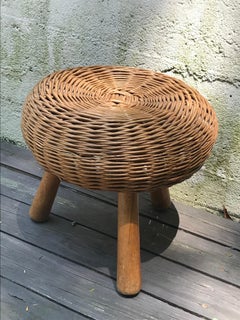 Mid-Century Modern Tony Paul Woven Rattan Wicker Round Footstool, 1950s
