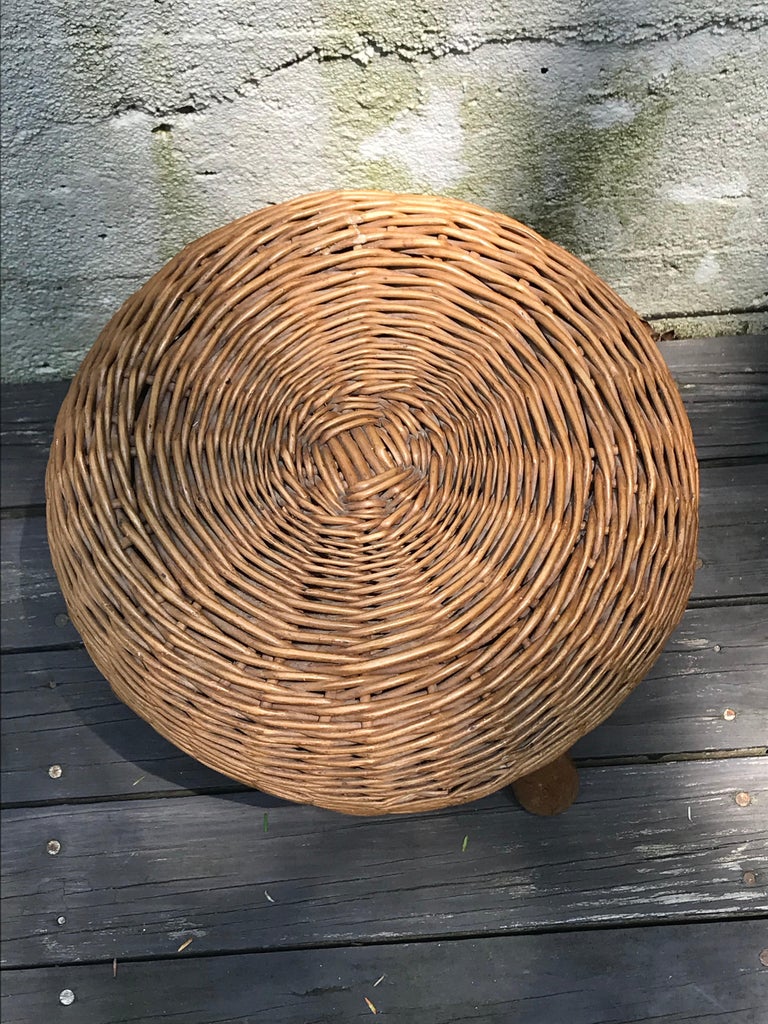 MidCentury Modern Tony Paul Woven Rattan Wicker Round Footstool, 1950s