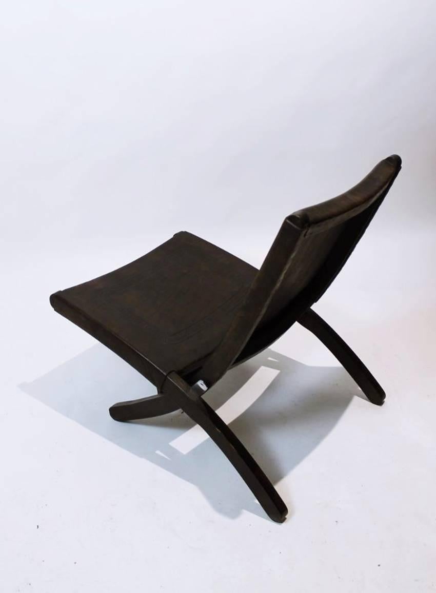 Late 20th Century Mid-Century Modern Tooled Leather Folding Lounge Chair 1970  For Sale